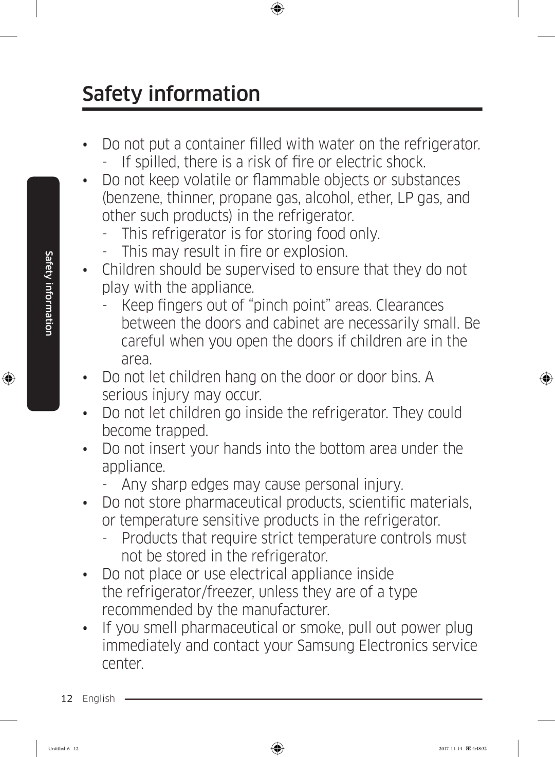 Samsung BRB260131WW/EF, BRB260189WW/EF, BRB260130WW/EF, BRB260034WW/EF, BRB260030WW/EF, BRB260010WW/EF manual Safety information 