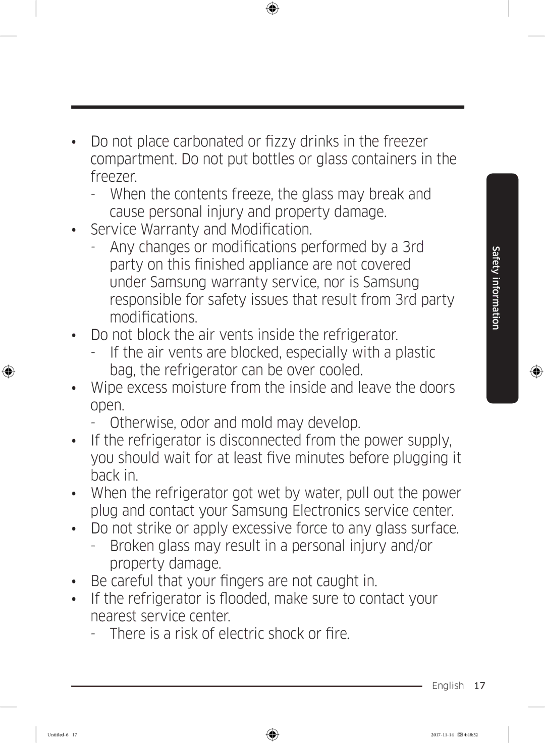 Samsung BRB260030WW/EF, BRB260189WW/EF, BRB260130WW/EF, BRB260034WW/EF, BRB260010WW/EF, BRB260131WW/EF manual Safety information 