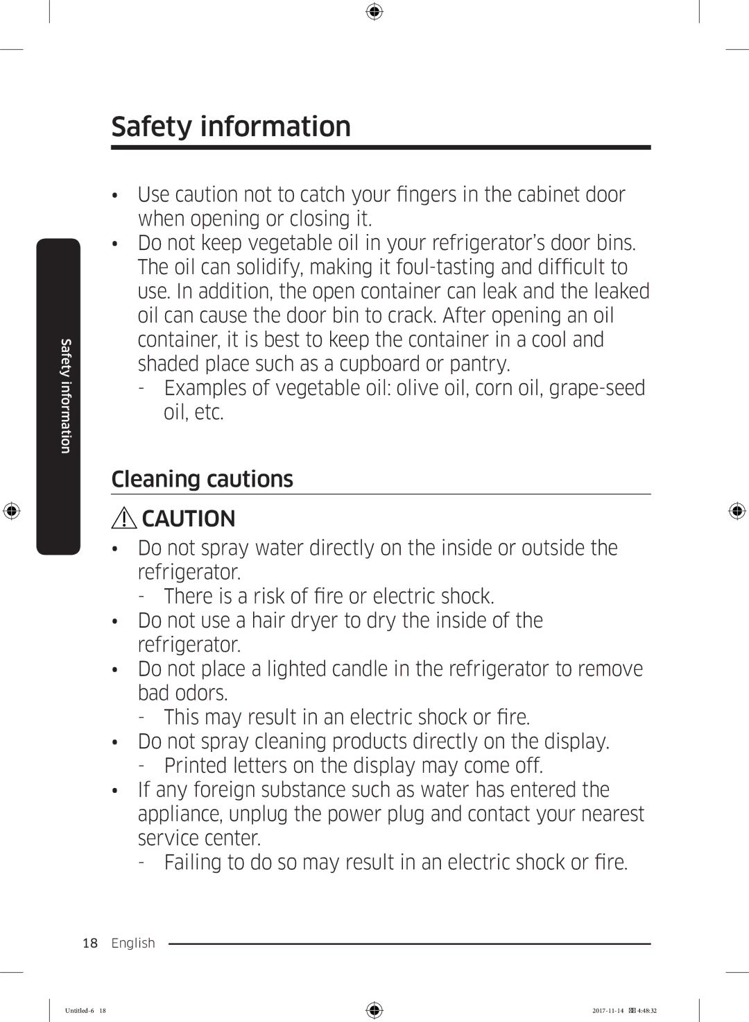 Samsung BRB260010WW/EF, BRB260189WW/EF, BRB260130WW/EF, BRB260034WW/EF, BRB260030WW/EF, BRB260131WW/EF manual Cleaning cautions 