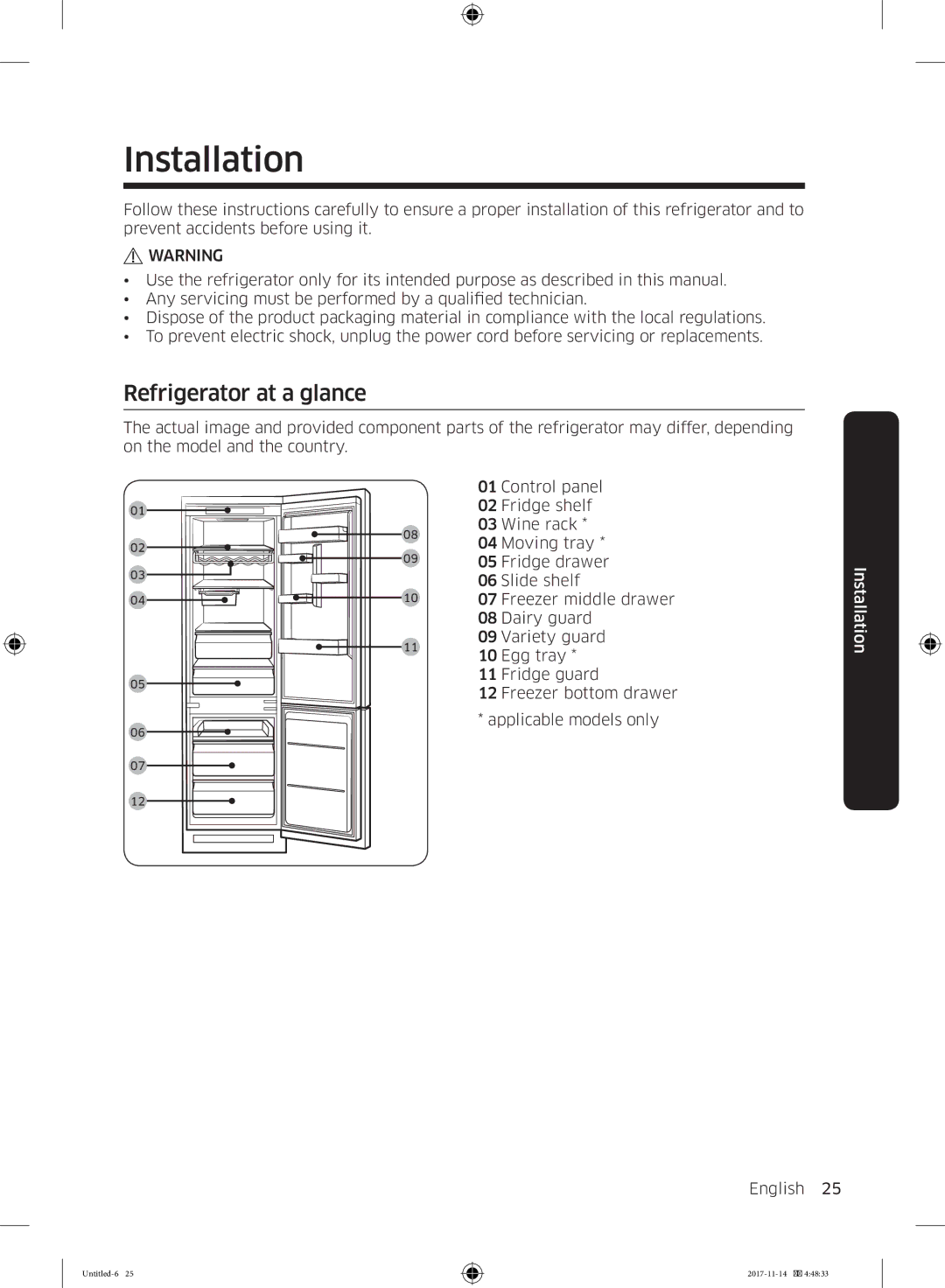 Samsung BRB260010WW/EF, BRB260189WW/EF, BRB260130WW/EF, BRB260034WW/EF, BRB260030WW/EF Installation, Refrigerator at a glance 