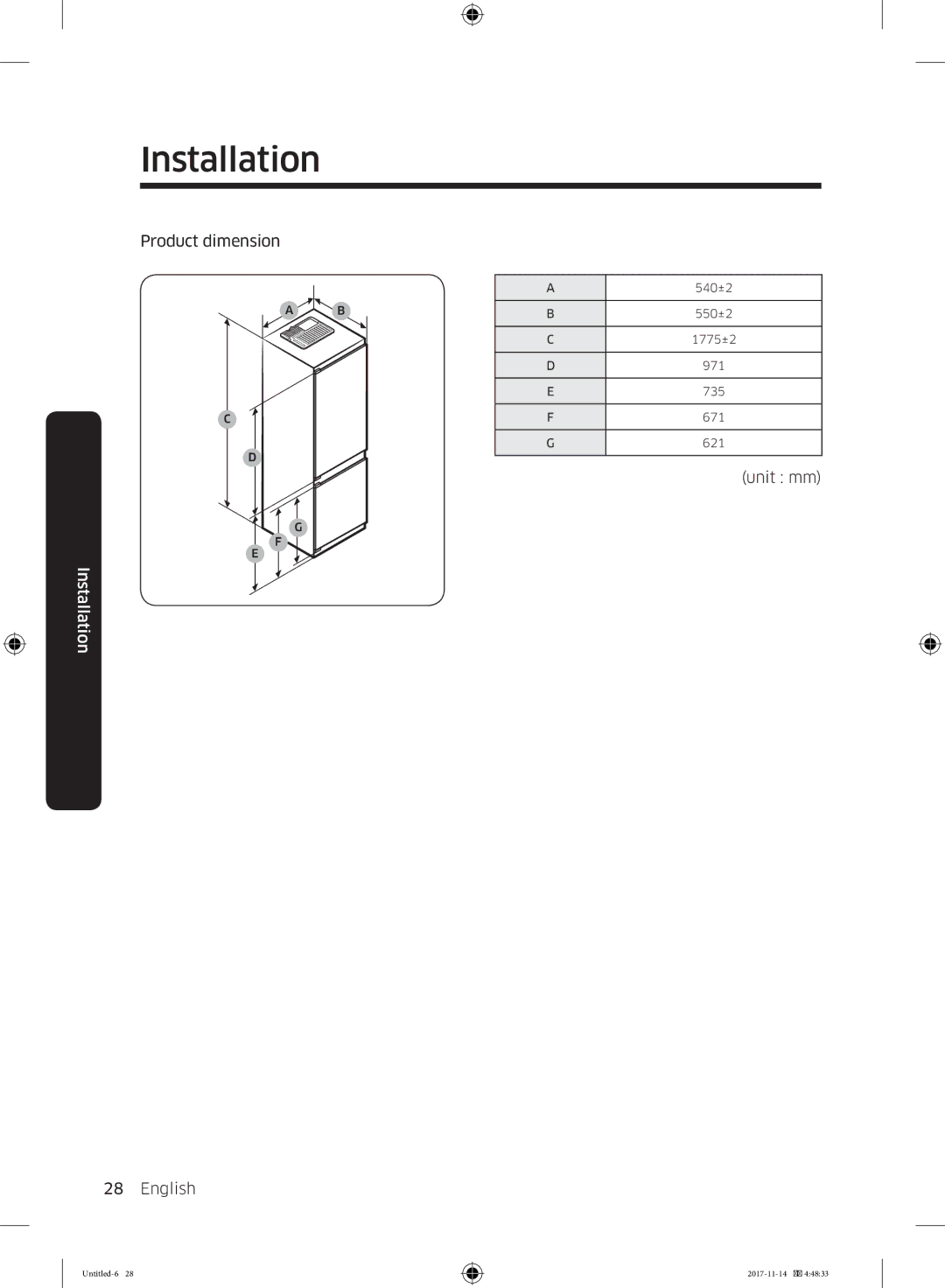 Samsung BRB260189WW/EF, BRB260130WW/EF, BRB260034WW/EF, BRB260030WW/EF, BRB260010WW/EF, BRB260131WW/EF manual Product dimension 