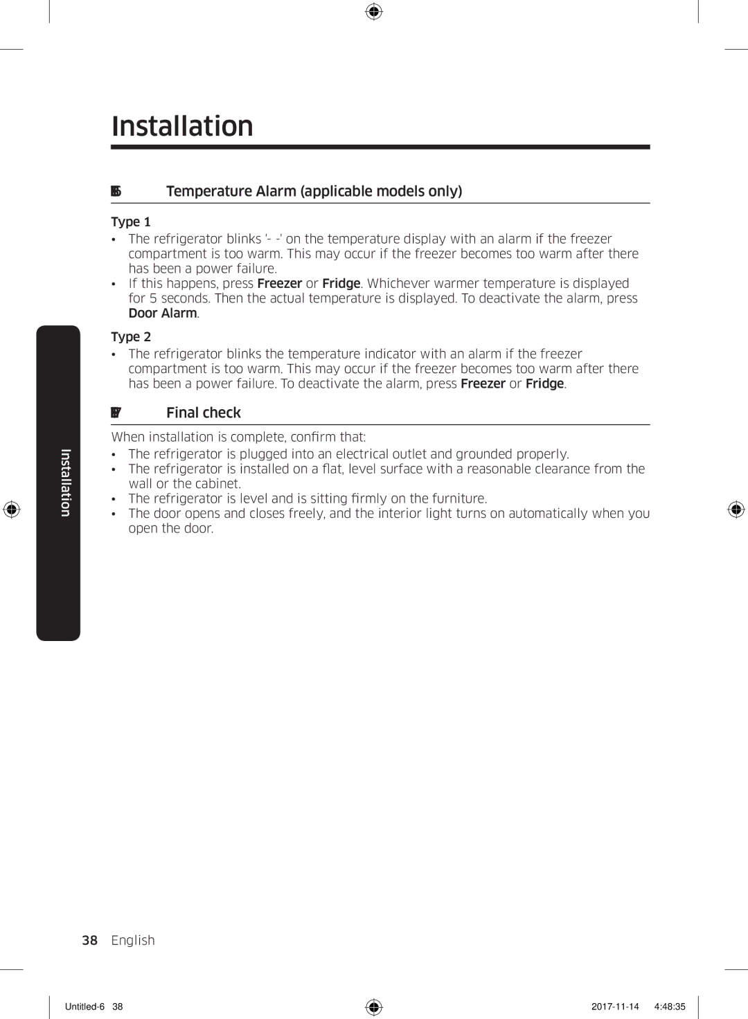 Samsung BRB260030WW/EF, BRB260189WW/EF, BRB260130WW/EF, BRB260034WW/EF Temperature Alarm applicable models only, Final check 