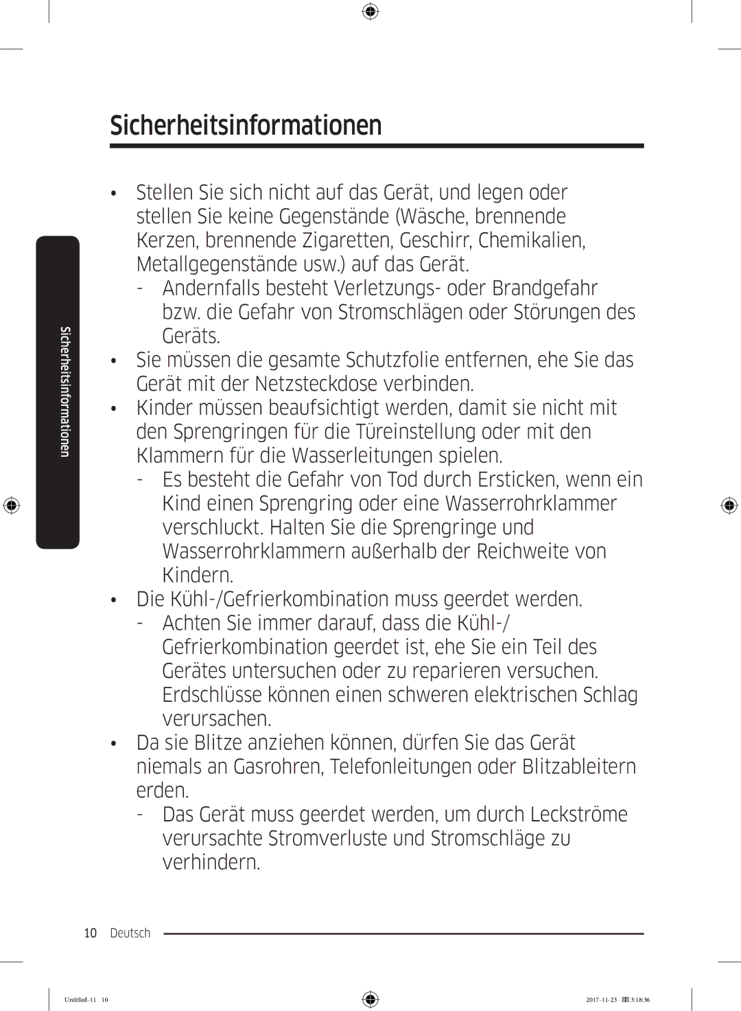 Samsung BRB260010WW/EF, BRB2G0135WW/EG, BRB2G0131WW/EG, BRB260134WW/EF, BRB2G0134WW/EG manual Sicherheitsinformationen 