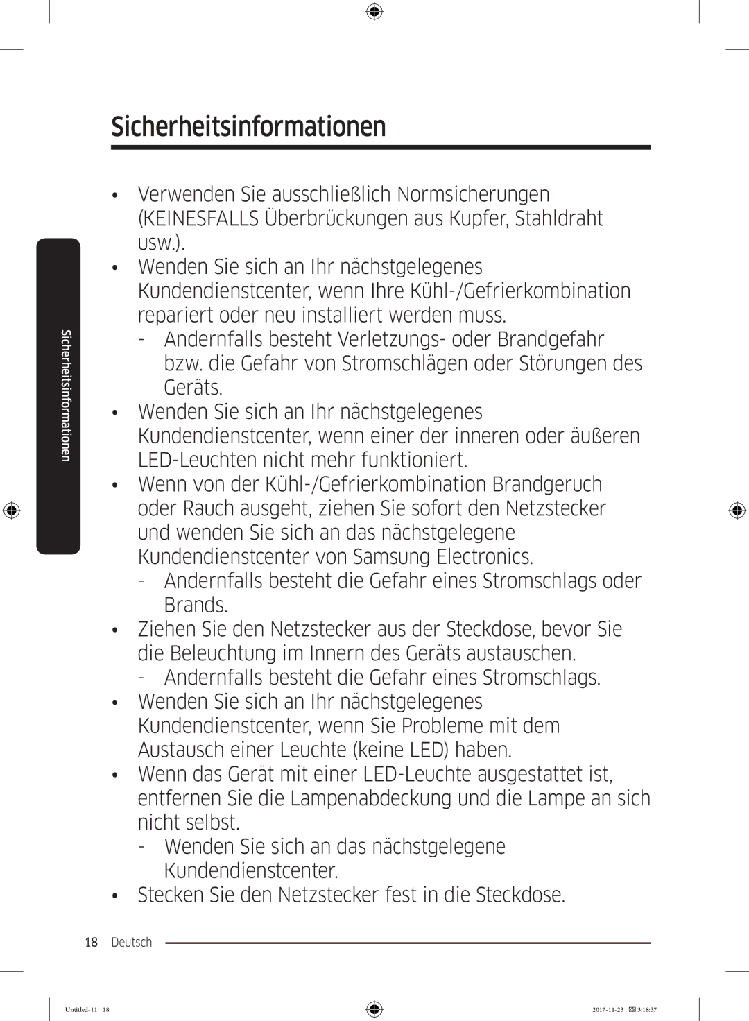 Samsung BRB260187WW/EF, BRB2G0135WW/EG, BRB2G0131WW/EG, BRB260134WW/EF, BRB2G0134WW/EG manual Sicherheitsinformationen 