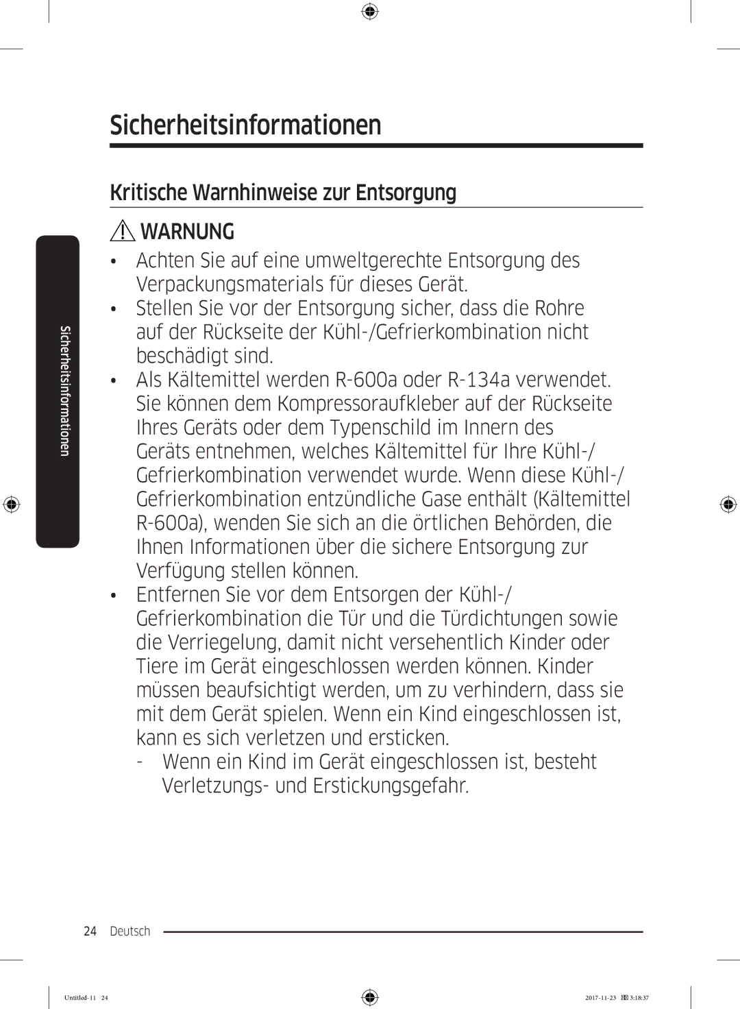 Samsung BRB260134WW/EF, BRB2G0135WW/EG, BRB2G0131WW/EG, BRB2G0134WW/EG, BRB2G0130WW/EG Kritische Warnhinweise zur Entsorgung 