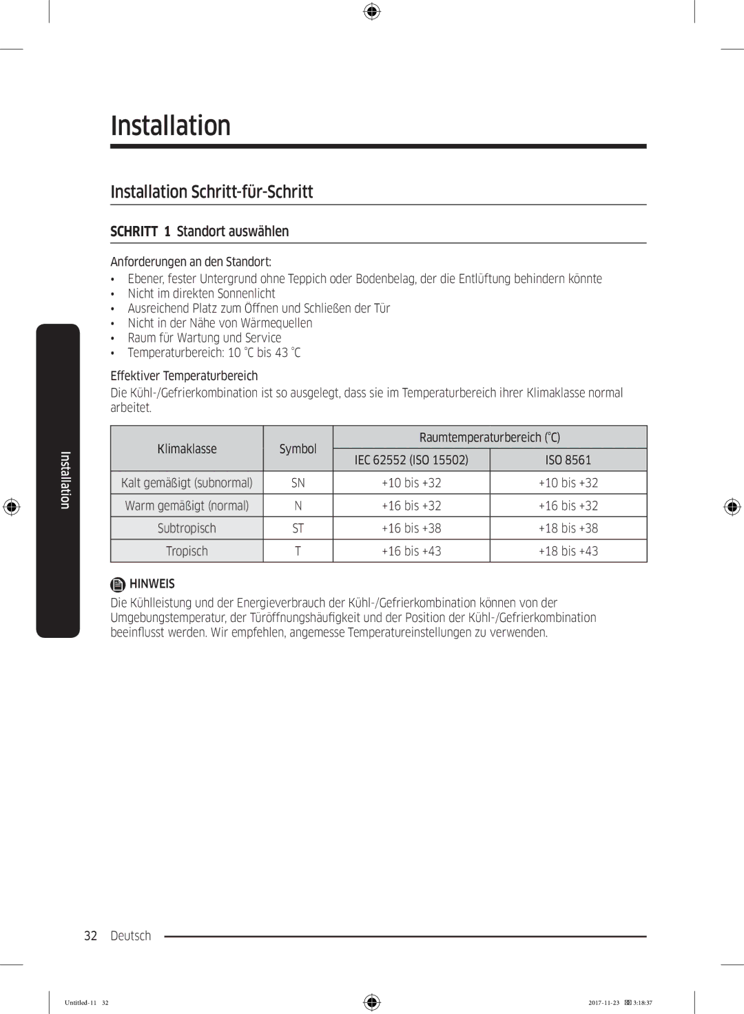 Samsung BRB260010WW/EF, BRB2G0135WW/EG, BRB2G0131WW/EG manual Installation Schritt-für-Schritt, Schritt 1 Standort auswählen 