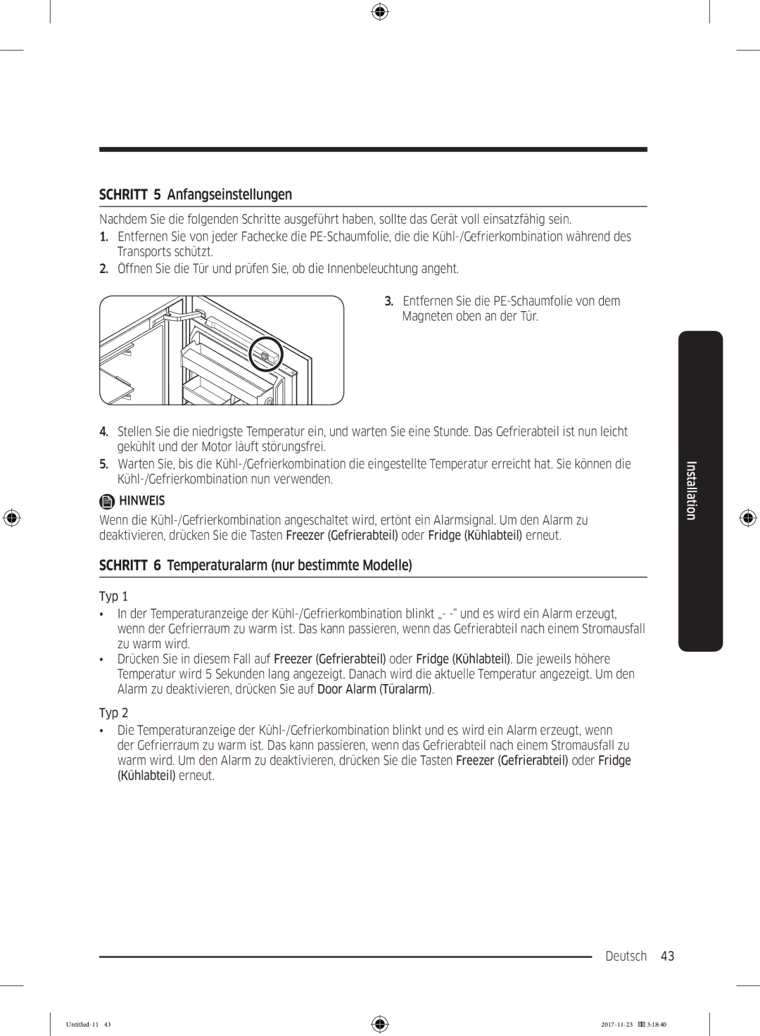 Samsung BRB260010WW/EF, BRB2G0135WW/EG Schritt 5 Anfangseinstellungen, Schritt 6 Temperaturalarm nur bestimmte Modelle 