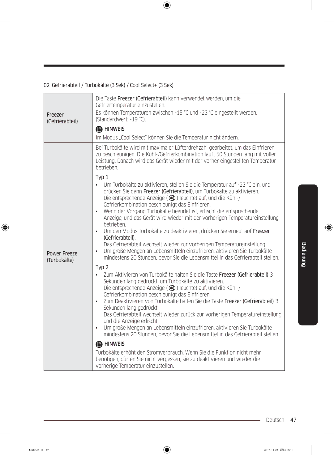 Samsung BRB2G0134WW/EG, BRB2G0135WW/EG, BRB2G0131WW/EG manual Im Modus „Cool Select können Sie die Temperatur nicht ändern 