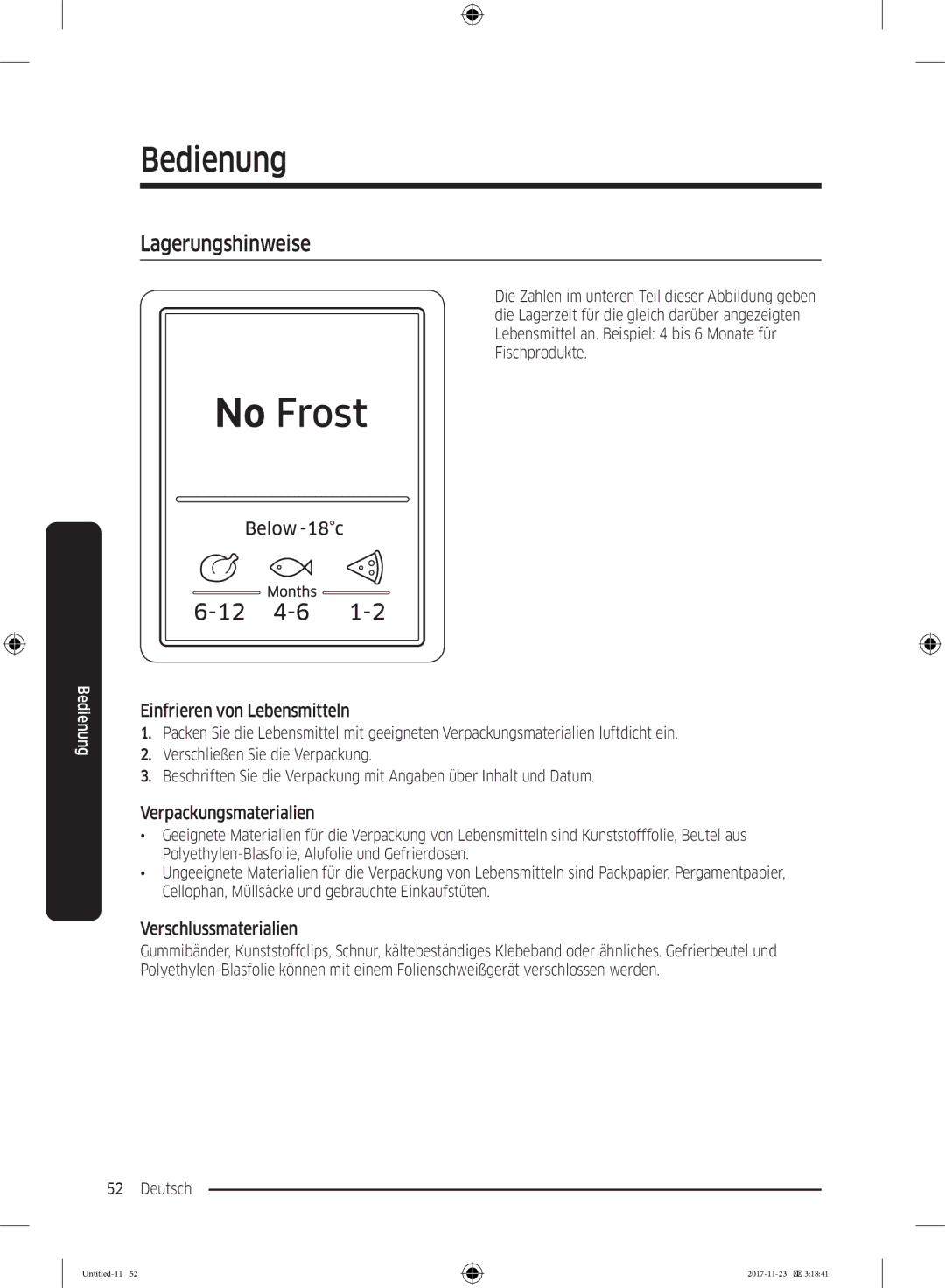 Samsung BRB260130WW/EF Lagerungshinweise, Einfrieren von Lebensmitteln, Verpackungsmaterialien, Verschlussmaterialien 