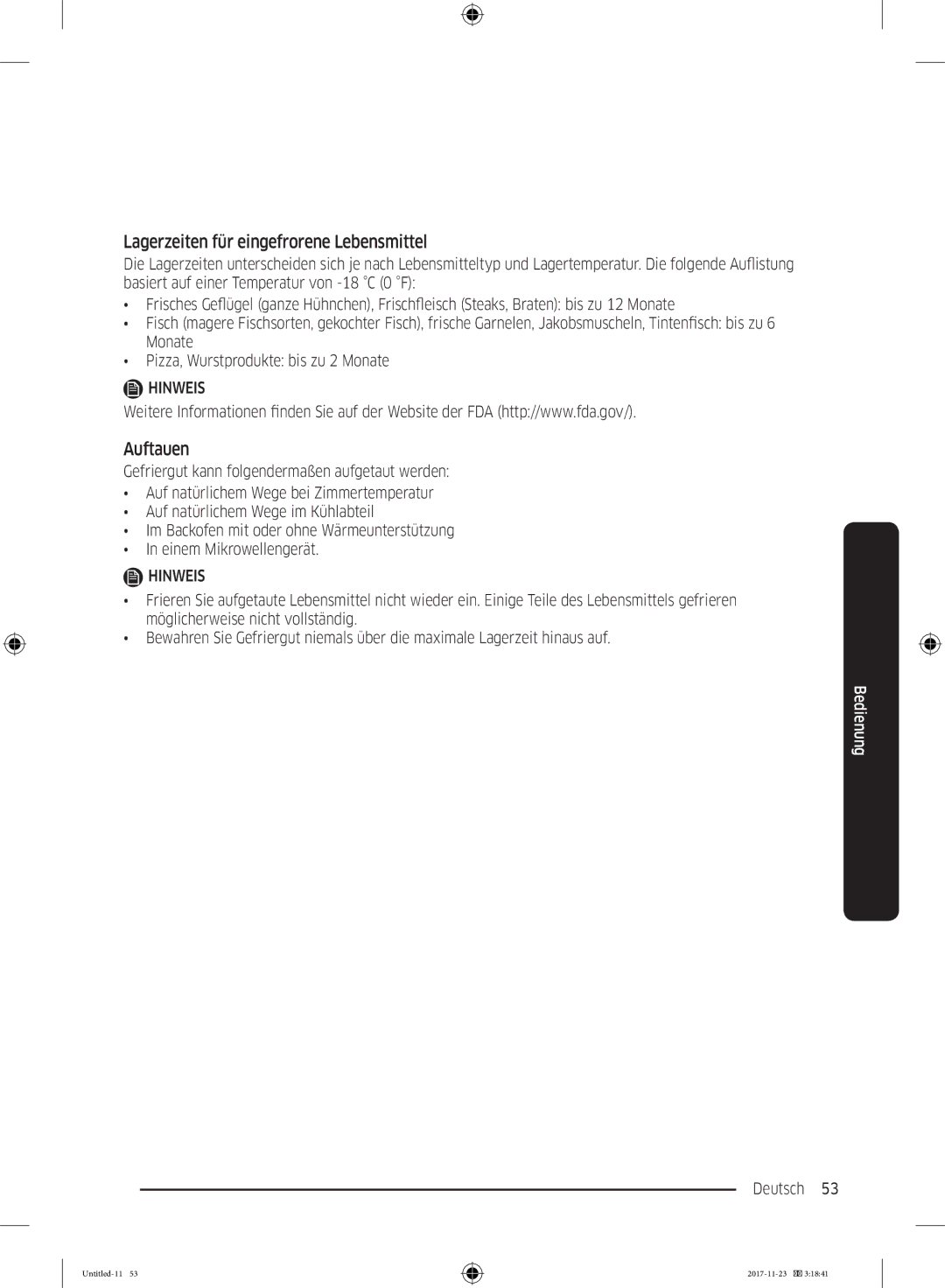 Samsung BRB260176WW/EF, BRB2G0135WW/EG, BRB2G0131WW/EG, BRB260134WW/EF Lagerzeiten für eingefrorene Lebensmittel, Auftauen 