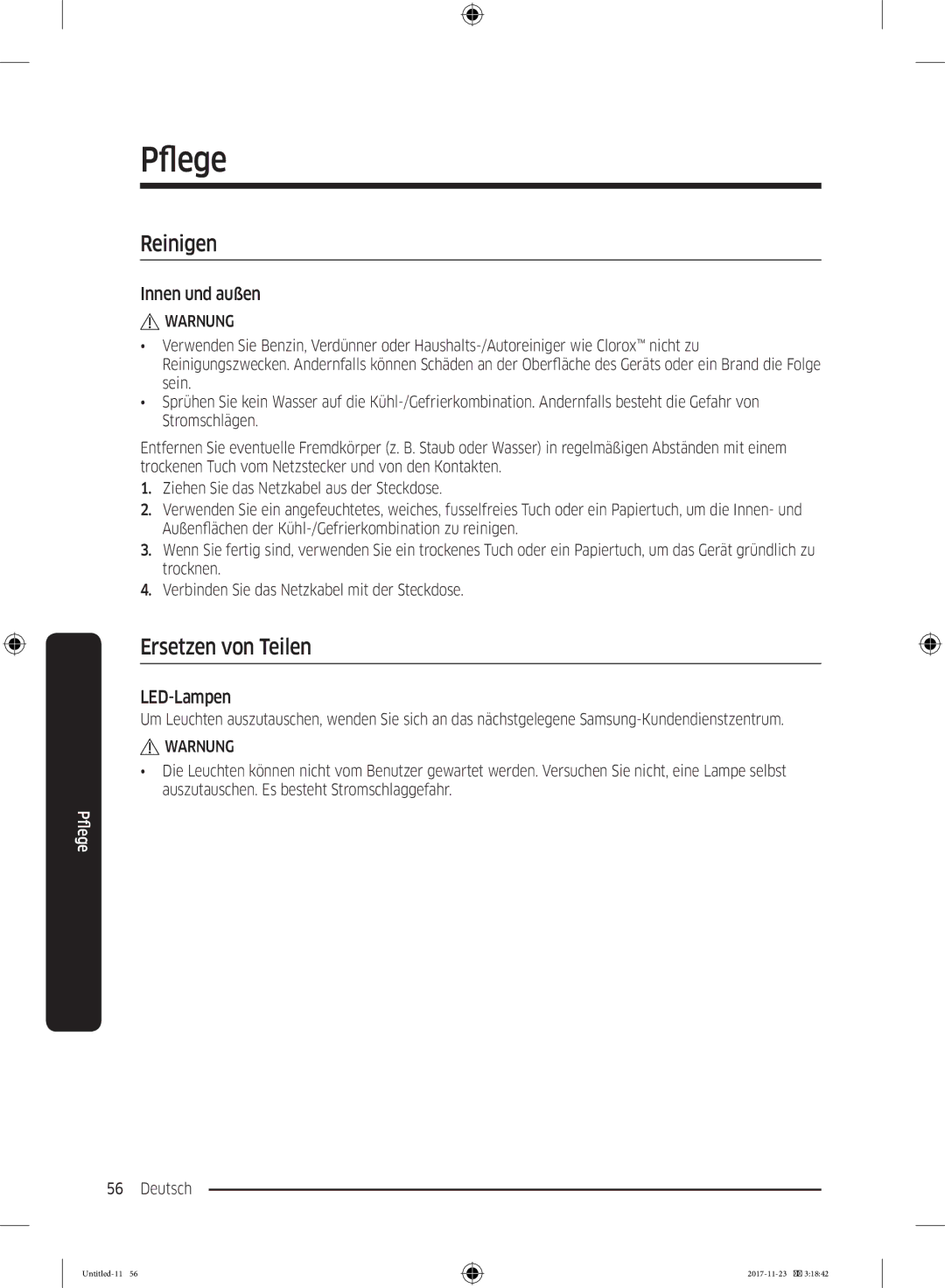 Samsung BRB2G0131WW/EG, BRB2G0135WW/EG, BRB260134WW/EF manual Reinigen, Ersetzen von Teilen, Innen und außen, LED-Lampen 