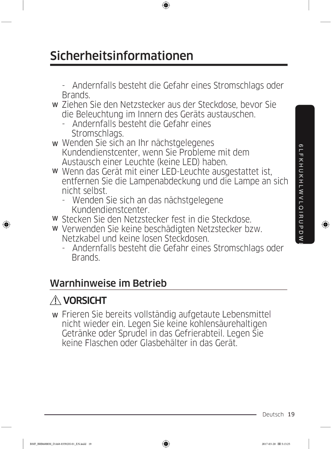 Samsung BRR12M001WW/EG, BRR19M010WW/EG, BRR19M011WW/EG, BRR12M000WW/EG manual Warnhinweise im Betrieb 