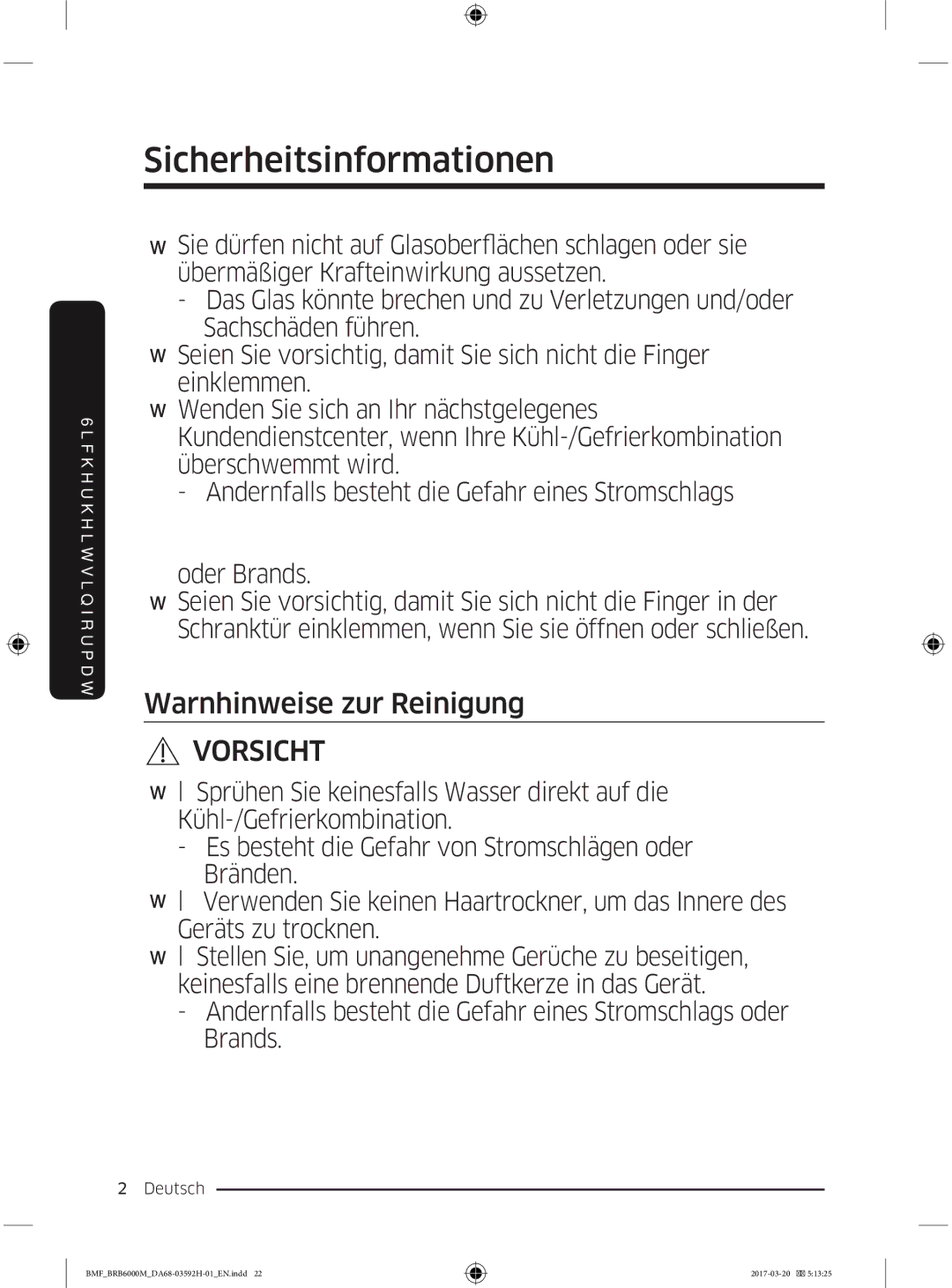 Samsung BRR19M011WW/EG, BRR19M010WW/EG, BRR12M001WW/EG, BRR12M000WW/EG manual Warnhinweise zur Reinigung 