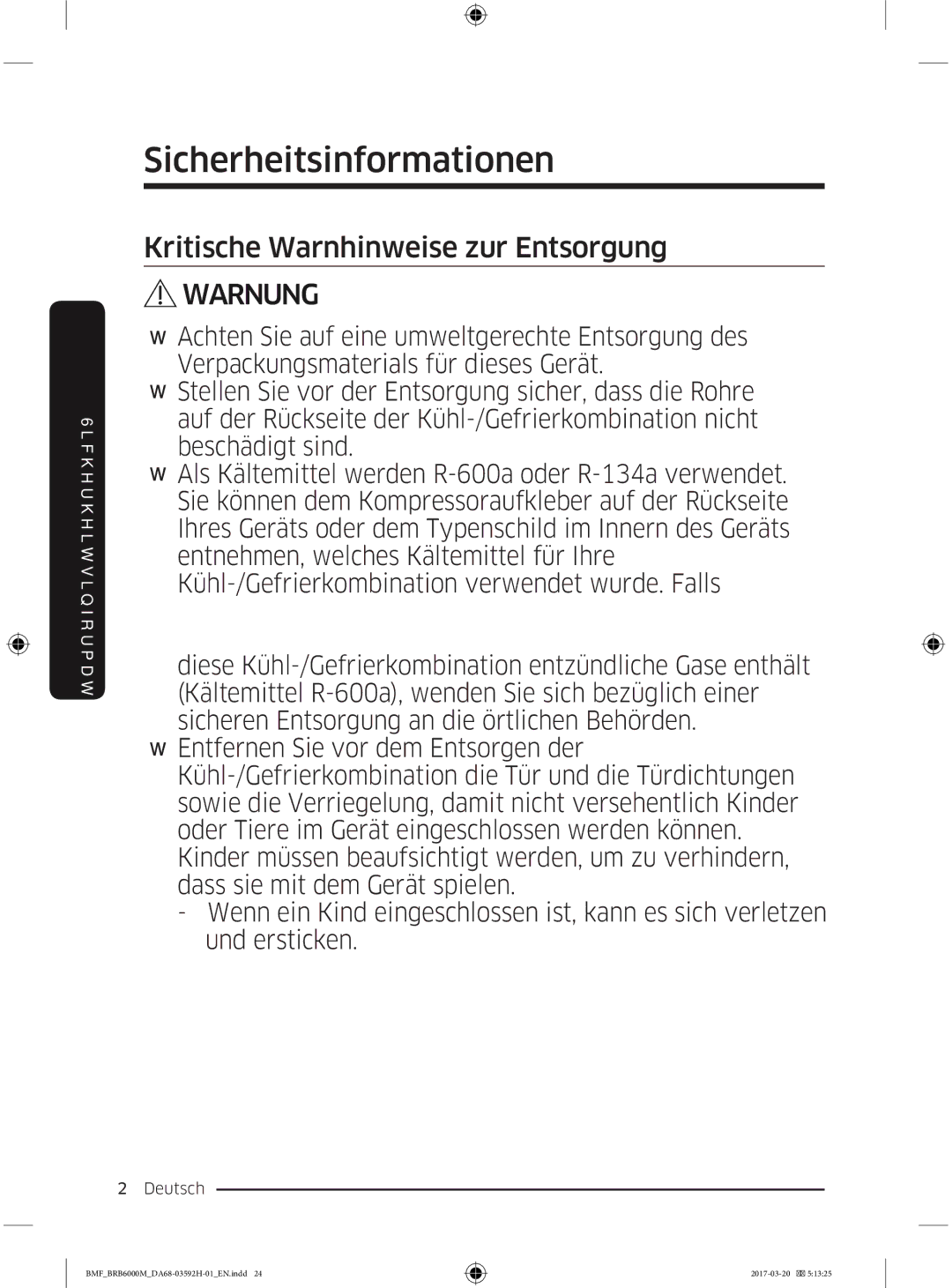 Samsung BRR12M000WW/EG, BRR19M010WW/EG, BRR19M011WW/EG, BRR12M001WW/EG manual Kritische Warnhinweise zur Entsorgung 