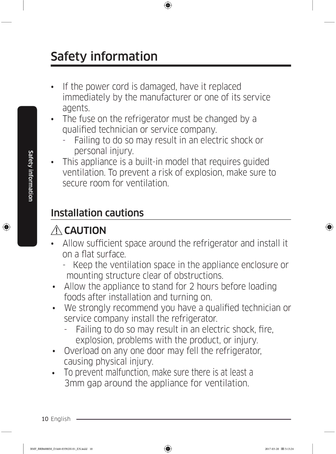 Samsung BRR12M000WW/EG, BRR19M010WW/EG, BRR19M011WW/EG, BRR12M001WW/EG manual Installation cautions 