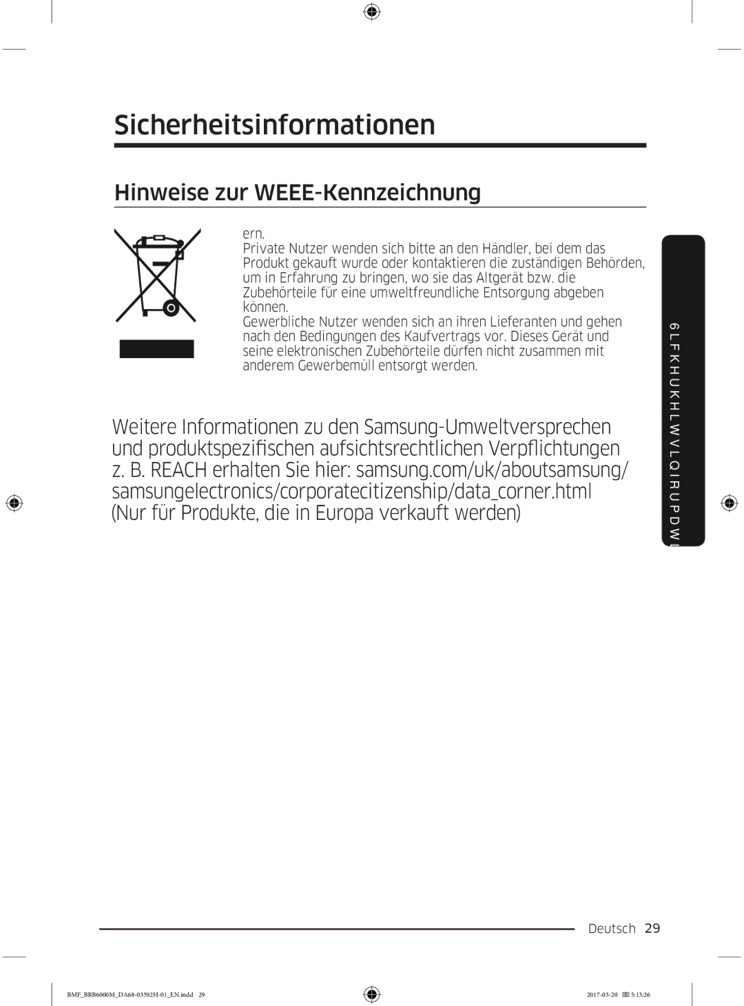 Samsung BRR19M010WW/EG, BRR19M011WW/EG, BRR12M001WW/EG, BRR12M000WW/EG manual Hinweise zur WEEE-Kennzeichnung 