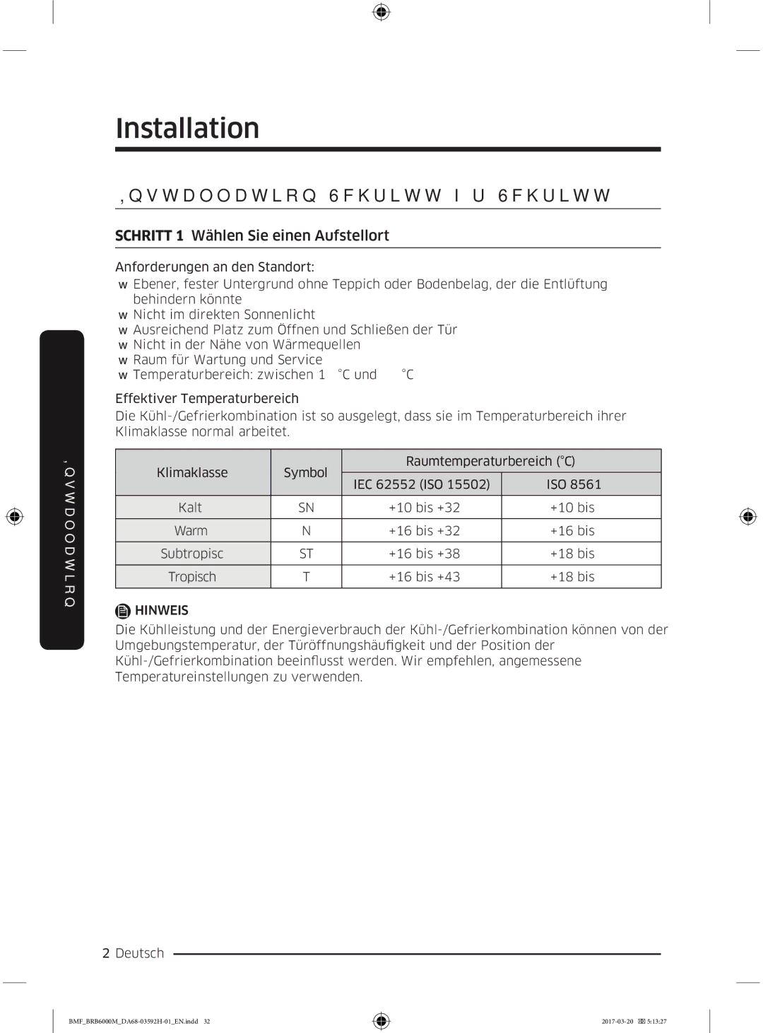 Samsung BRR12M000WW/EG, BRR19M010WW/EG manual QVWDOODWLRQ6FKULWWI¾U6FKULWW, +5,77 Wählen Sie einen Aufstellort 