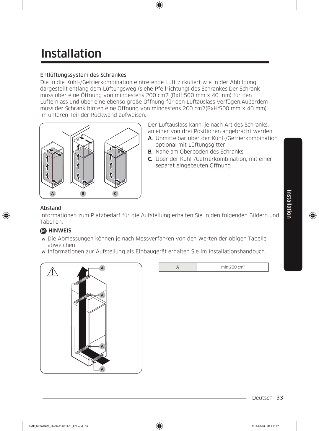 Samsung BRR19M010WW/EG, BRR19M011WW/EG, BRR12M001WW/EG, BRR12M000WW/EG manual Min200 cm2 