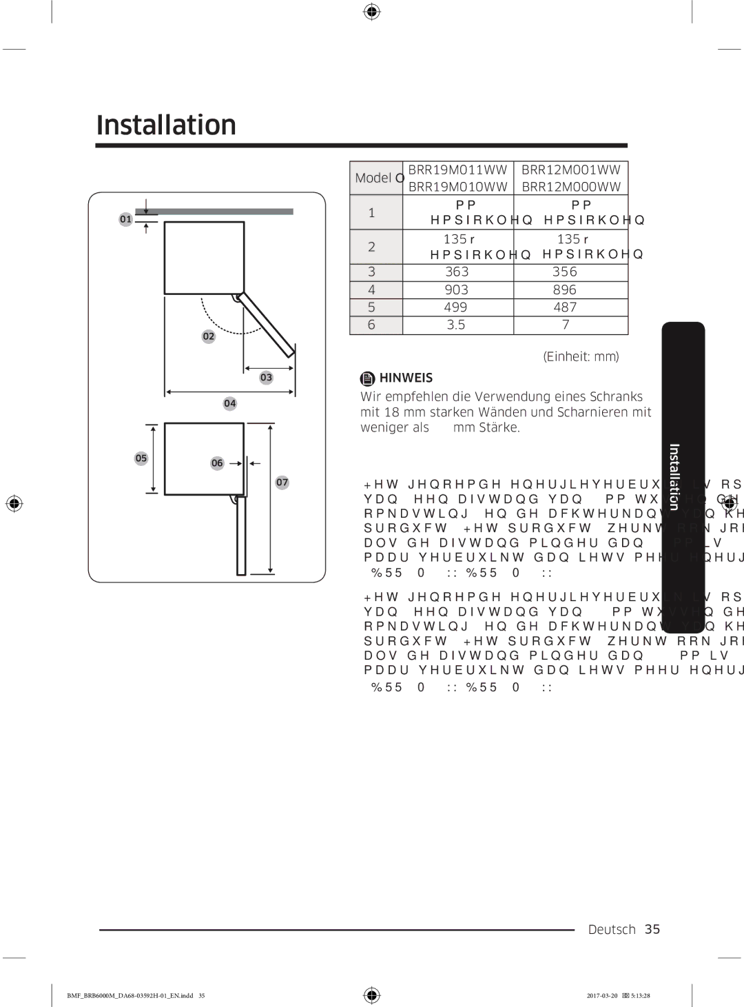 Samsung BRR12M001WW/EG, BRR19M010WW/EG, BRR19M011WW/EG, BRR12M000WW/EG manual Einheit mm 