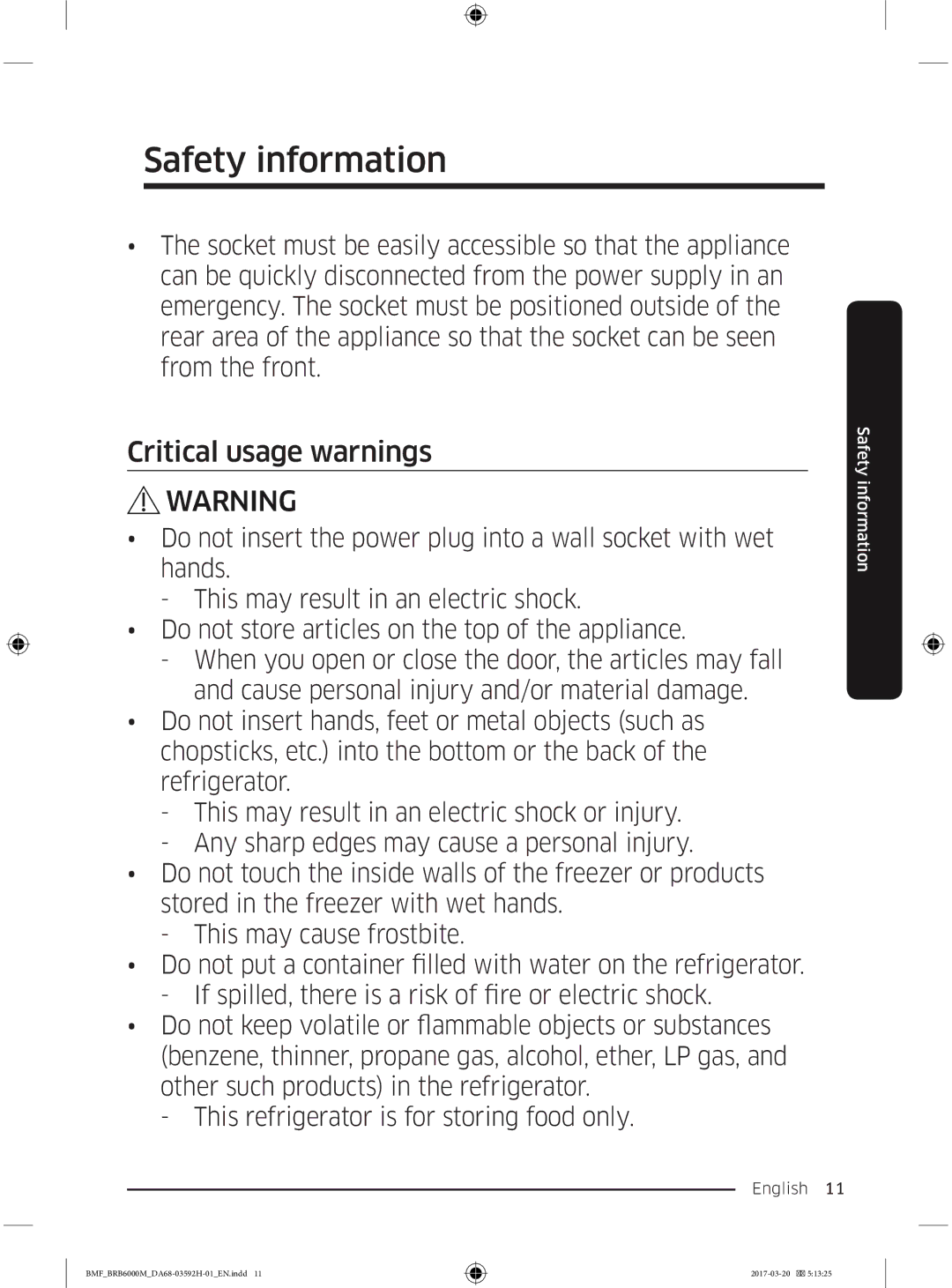 Samsung BRR19M010WW/EG, BRR19M011WW/EG, BRR12M001WW/EG, BRR12M000WW/EG manual Critical usage warnings 