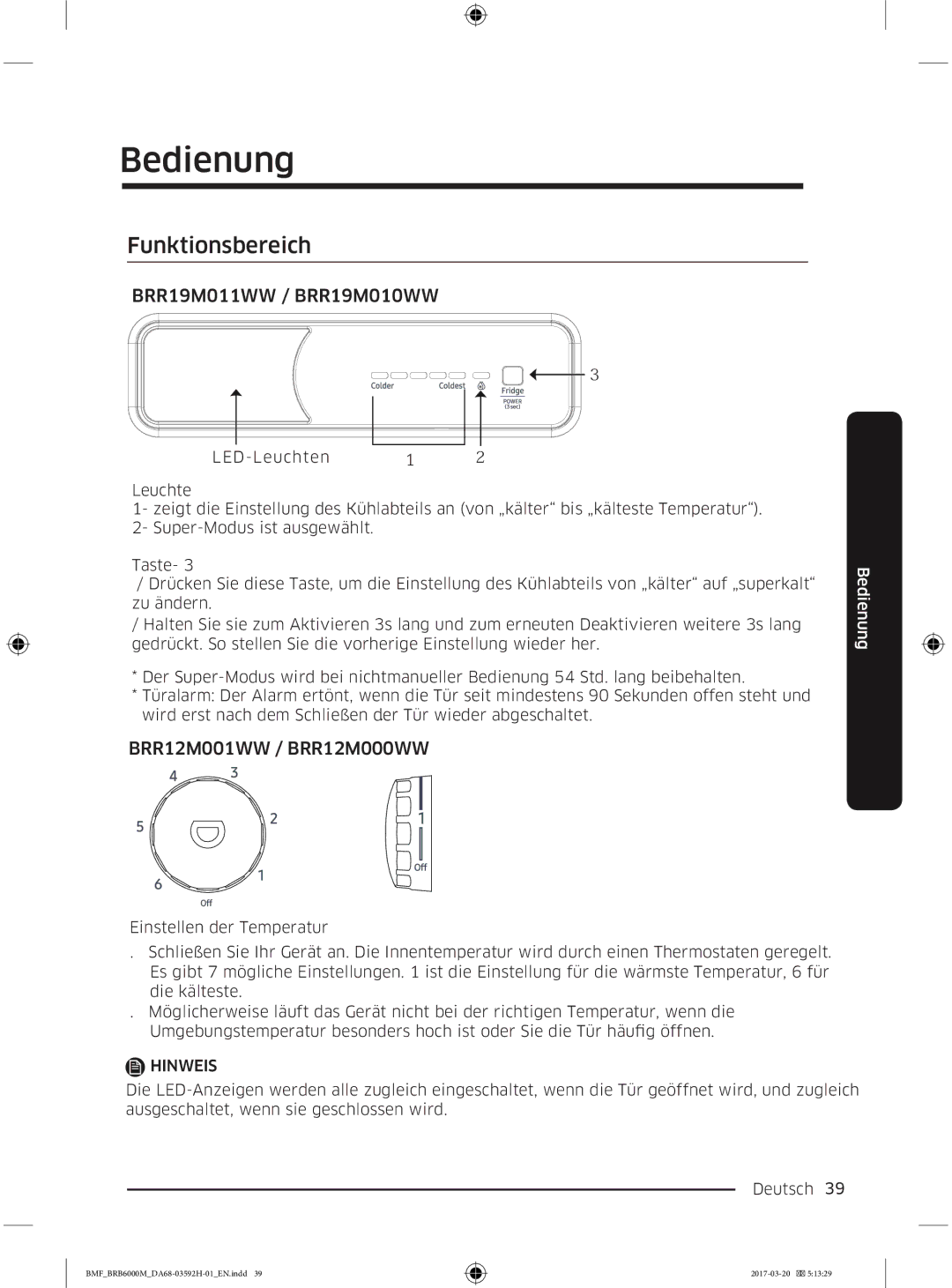 Samsung BRR12M001WW/EG, BRR19M010WW/EG manual Funktionsbereich, BRR19M011WW / BRR19M010WW, BRR12M001WW / BRR12M000WW 