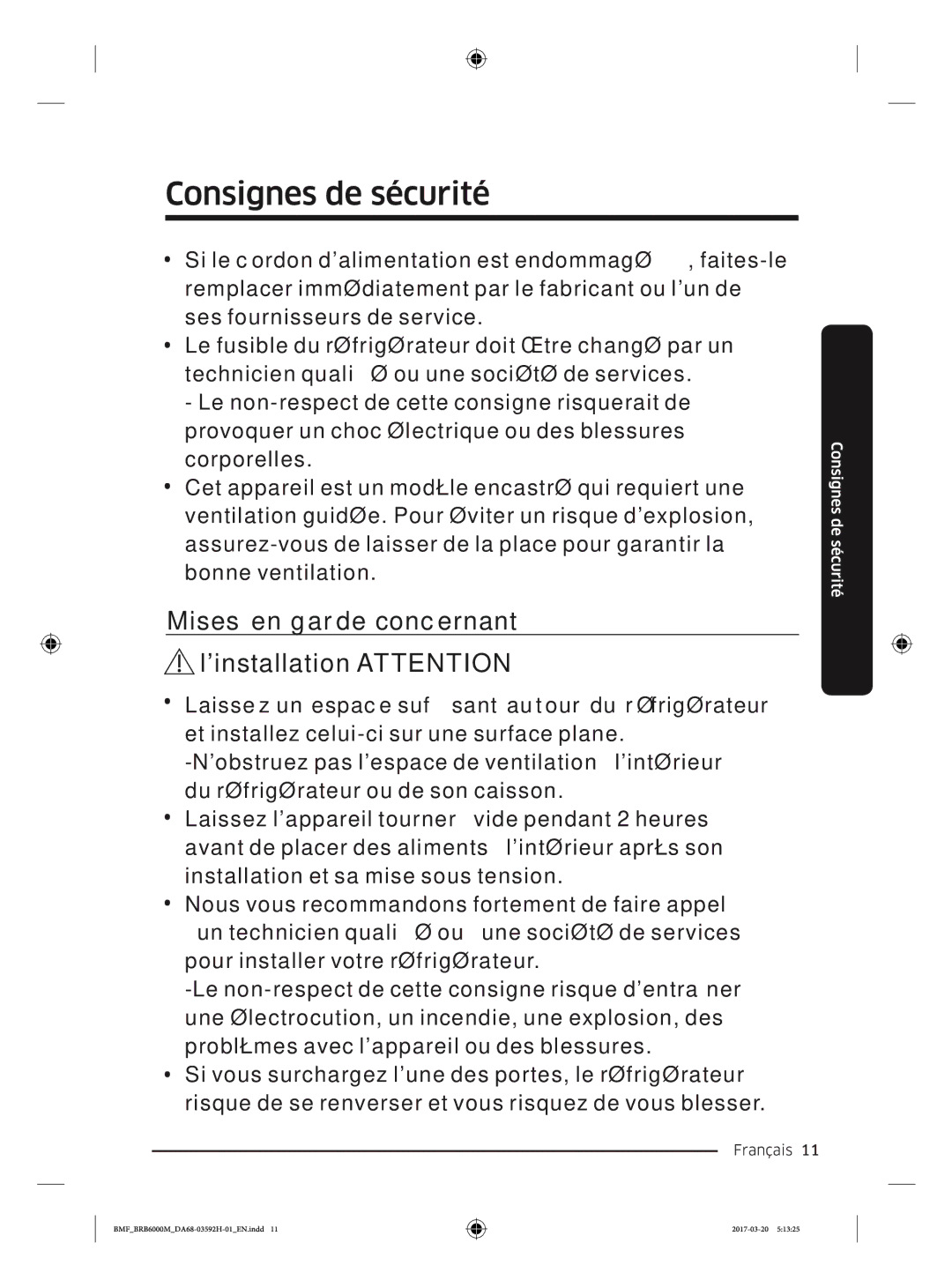 Samsung BRR19M010WW/EG, BRR19M011WW/EG, BRR12M001WW/EG, BRR12M000WW/EG Mises en garde concernant Linstallation Attention 