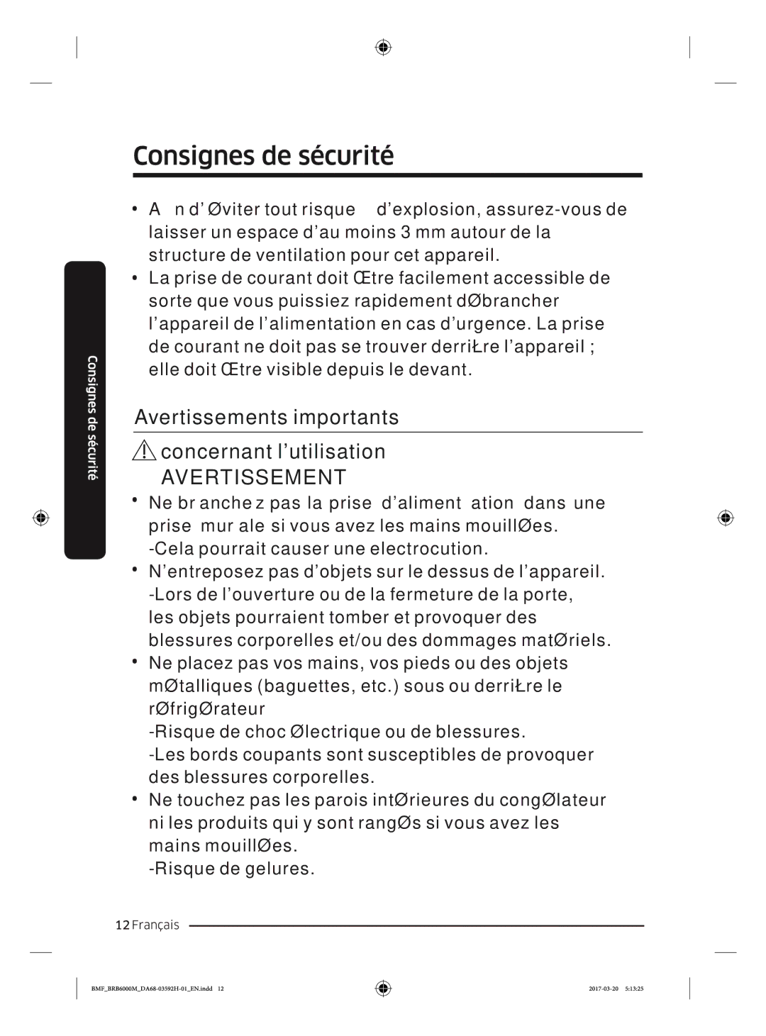 Samsung BRR19M011WW/EG, BRR19M010WW/EG, BRR12M001WW/EG, BRR12M000WW/EG Avertissements importants Concernant lutilisation 