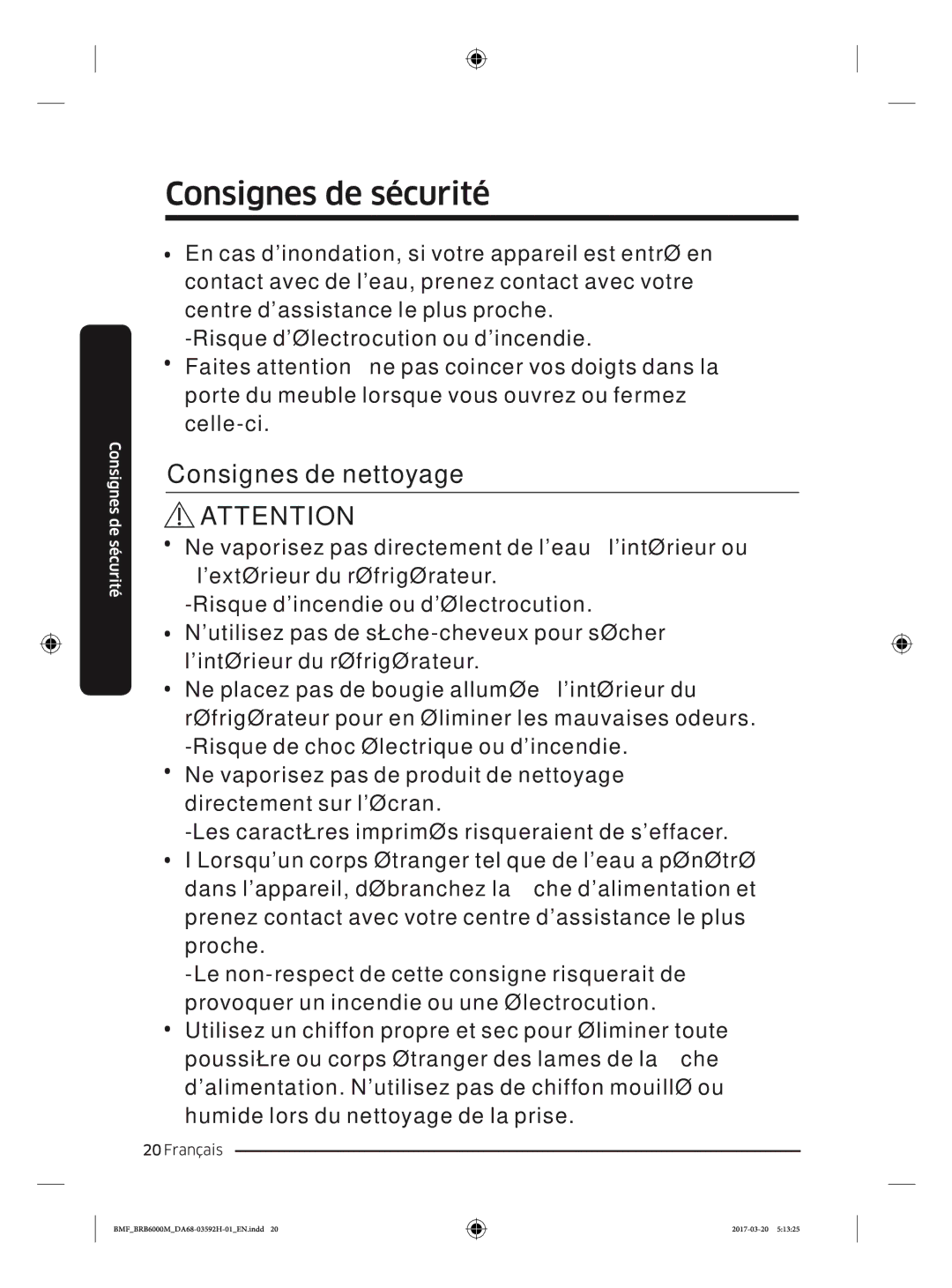 Samsung BRR19M011WW/EG, BRR19M010WW/EG, BRR12M001WW/EG, BRR12M000WW/EG manual Consignes de nettoyage 