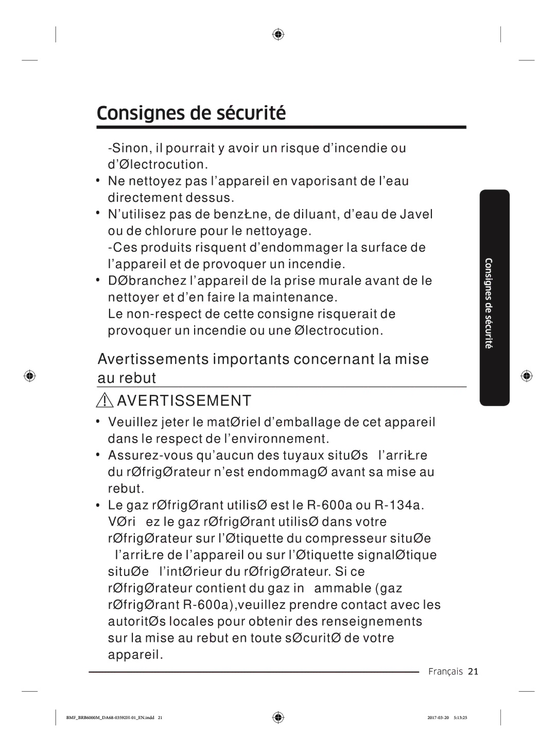 Samsung BRR12M001WW/EG, BRR19M010WW/EG, BRR19M011WW/EG, BRR12M000WW/EG Avertissements importants concernant la mise au rebut 