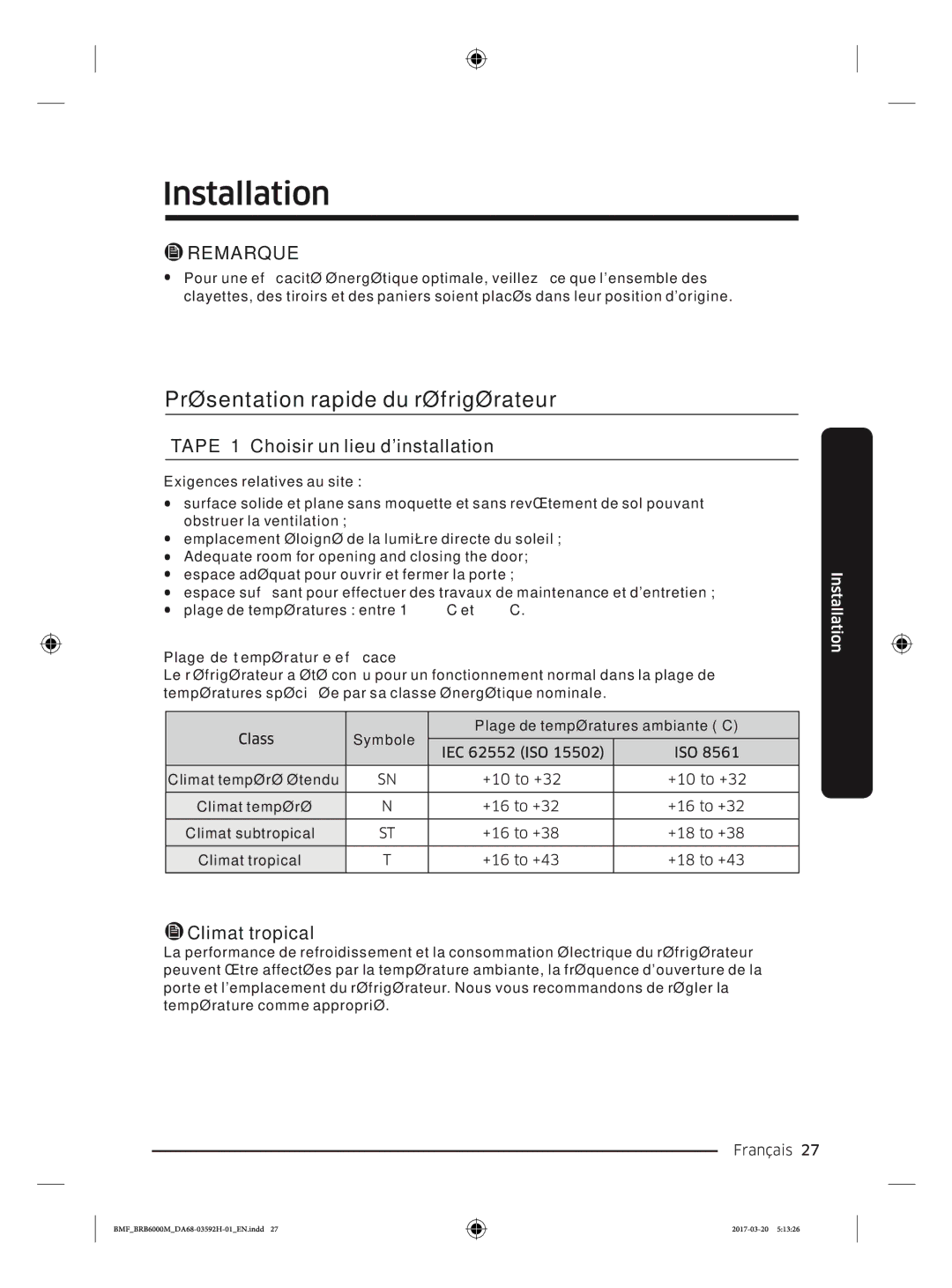 Samsung BRR19M010WW/EG, BRR19M011WW/EG, BRR12M001WW/EG, BRR12M000WW/EG manual Remarque 