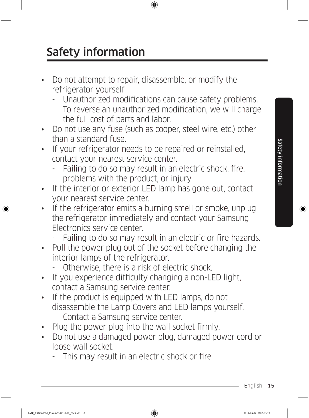 Samsung BRR19M010WW/EG, BRR19M011WW/EG, BRR12M001WW/EG, BRR12M000WW/EG manual Safety information 