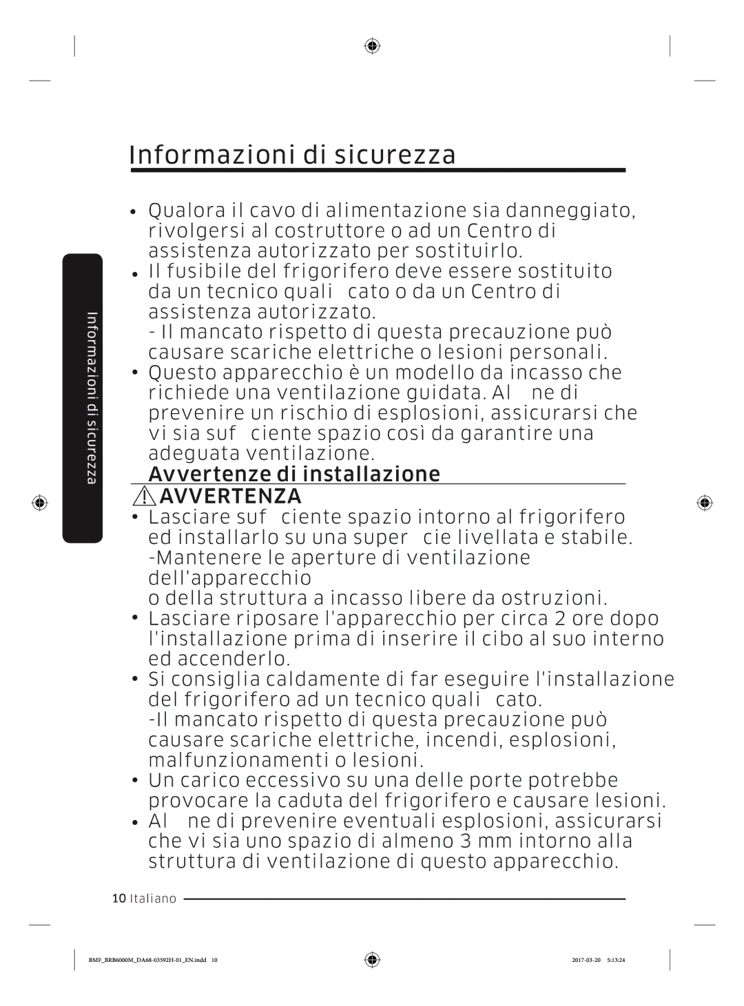 Samsung BRR19M011WW/EG, BRR19M010WW/EG, BRR12M001WW/EG, BRR12M000WW/EG manual Avvertenze di installazione 