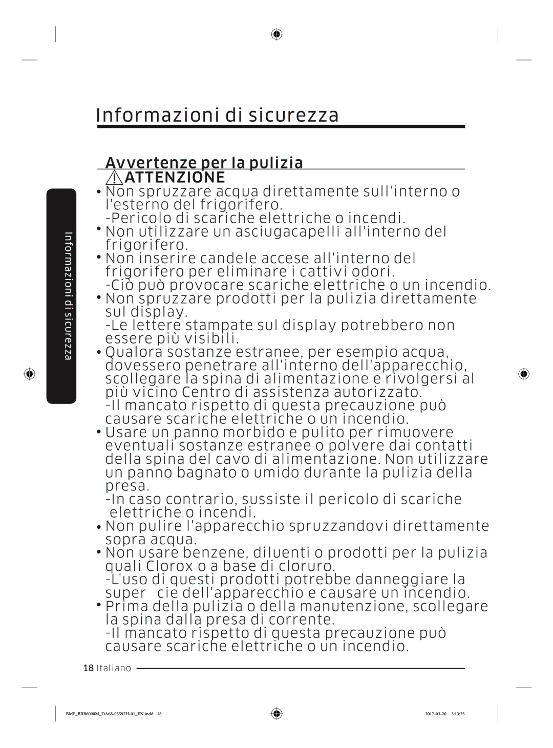 Samsung BRR19M011WW/EG, BRR19M010WW/EG, BRR12M001WW/EG, BRR12M000WW/EG manual Avvertenze per la pulizia 