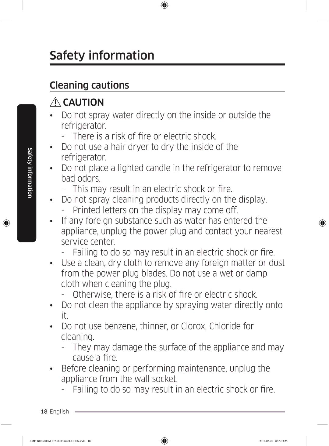 Samsung BRR12M000WW/EG, BRR19M010WW/EG, BRR19M011WW/EG, BRR12M001WW/EG manual Cleaning cautions 