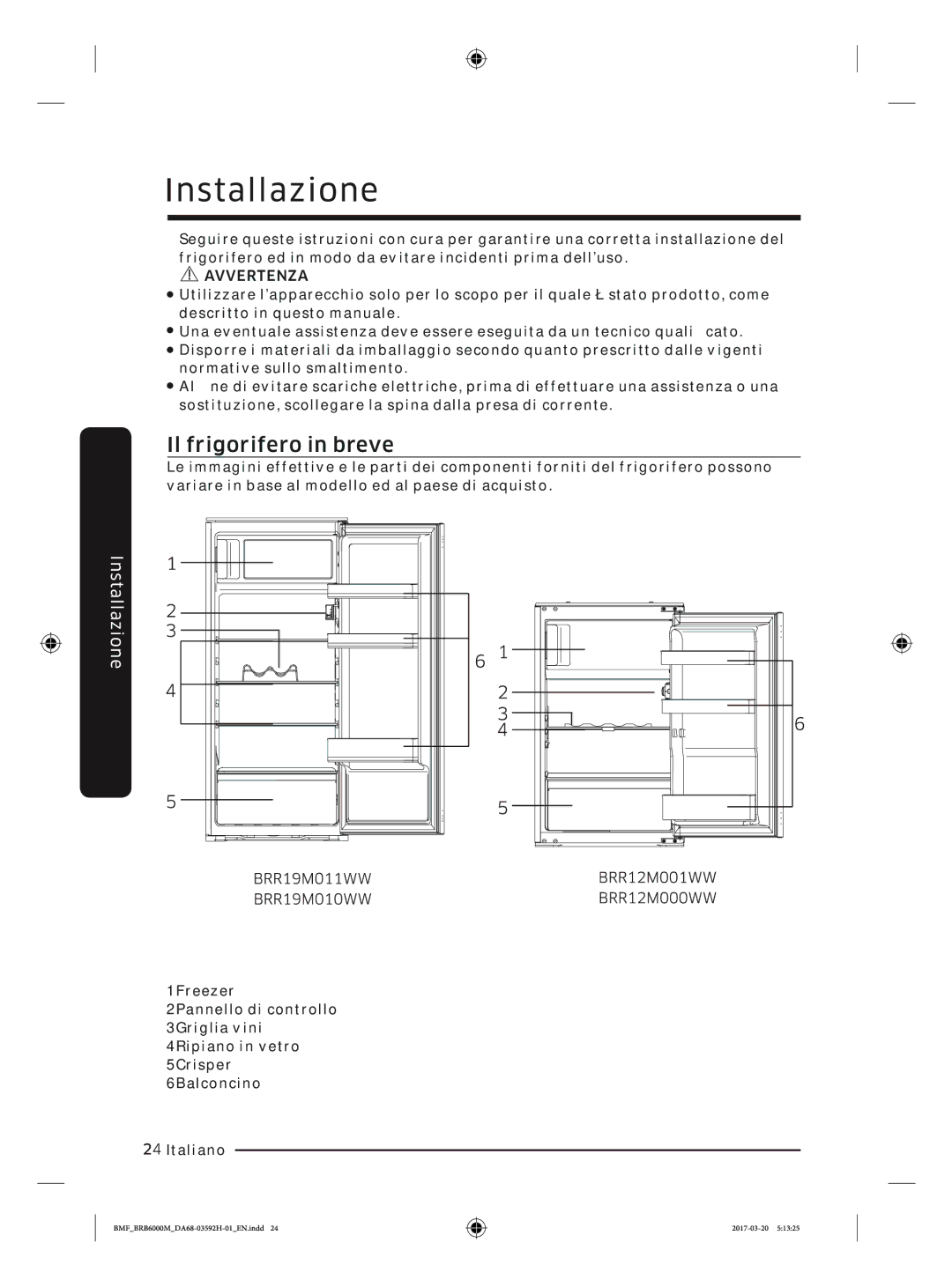 Samsung BRR12M000WW/EG, BRR19M010WW/EG, BRR19M011WW/EG, BRR12M001WW/EG manual Installazione 