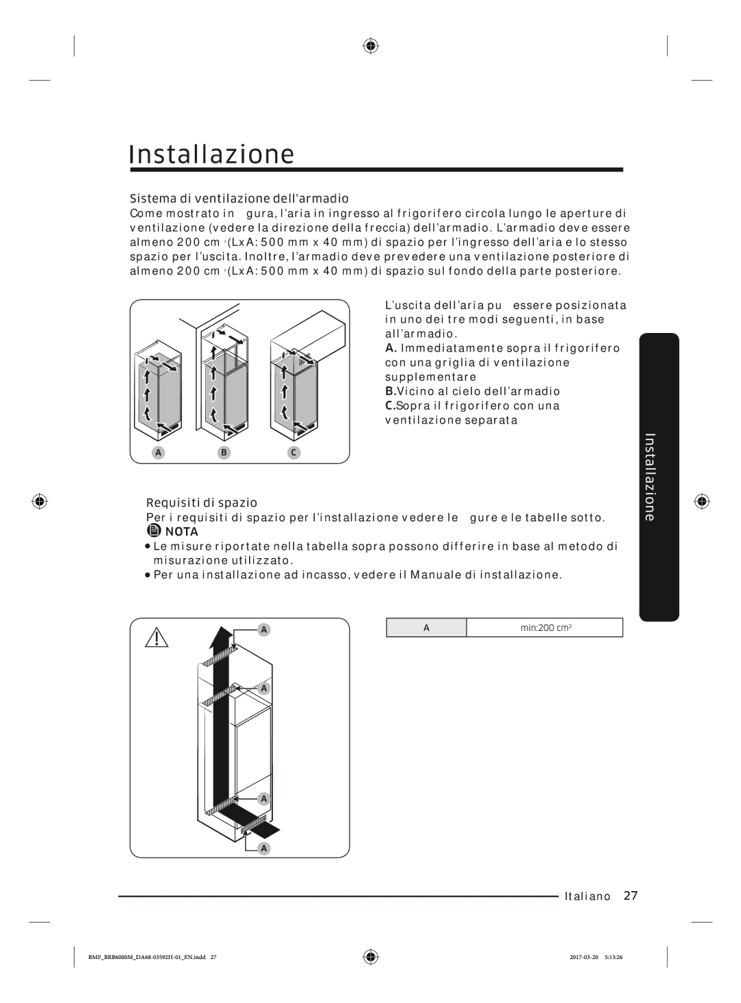 Samsung BRR12M001WW/EG, BRR19M010WW/EG, BRR19M011WW/EG, BRR12M000WW/EG manual Installazione 