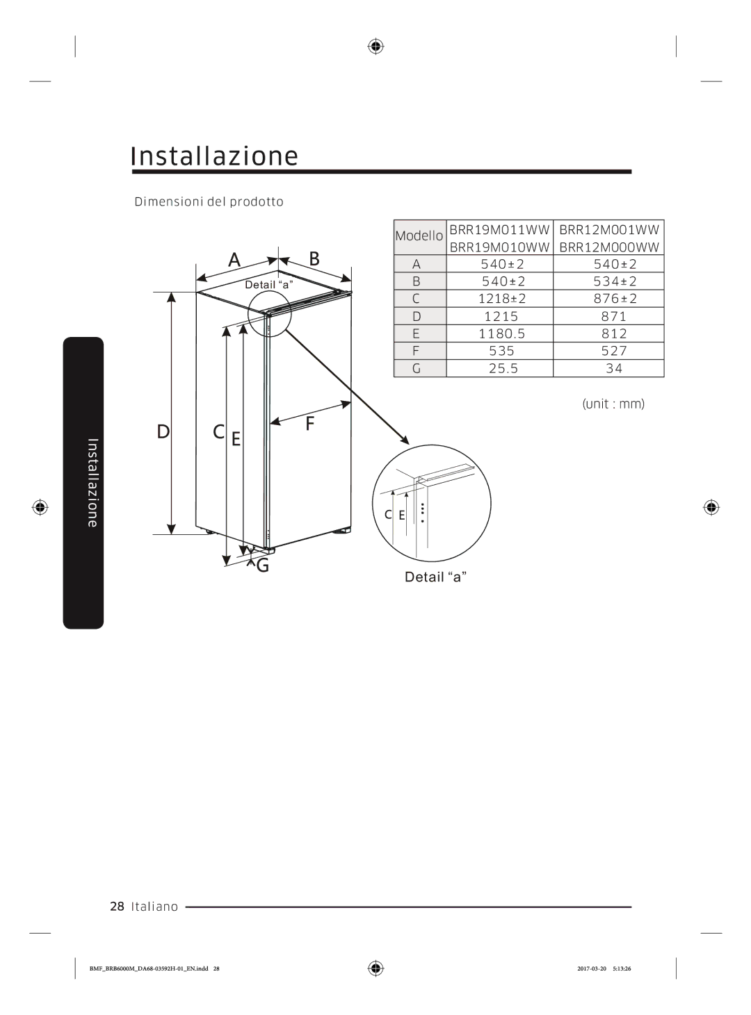 Samsung BRR12M000WW/EG, BRR19M010WW/EG, BRR19M011WW/EG, BRR12M001WW/EG manual Dimensioni del prodotto 