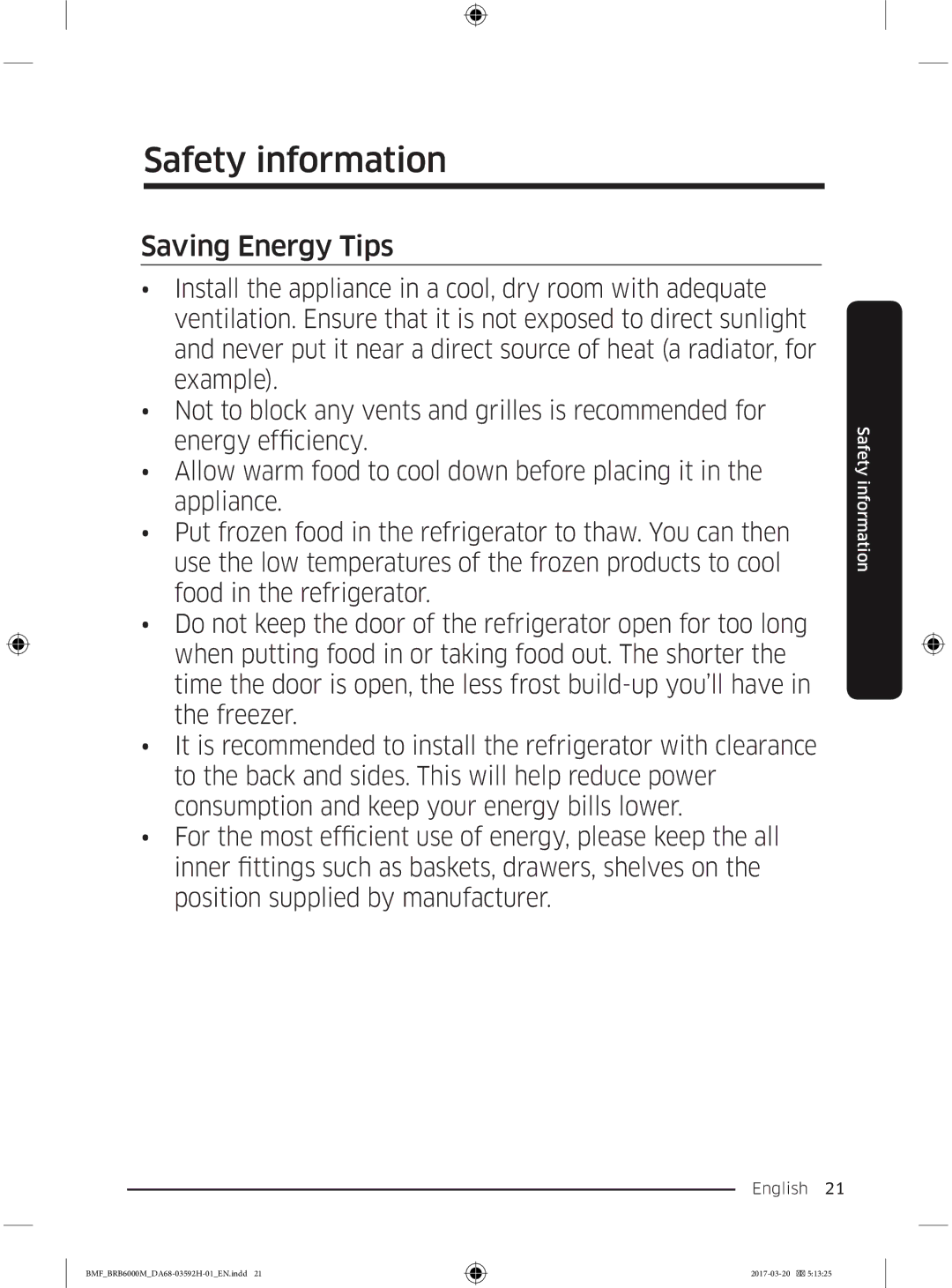 Samsung BRR12M001WW/EG, BRR19M010WW/EG, BRR19M011WW/EG, BRR12M000WW/EG manual Saving Energy Tips 