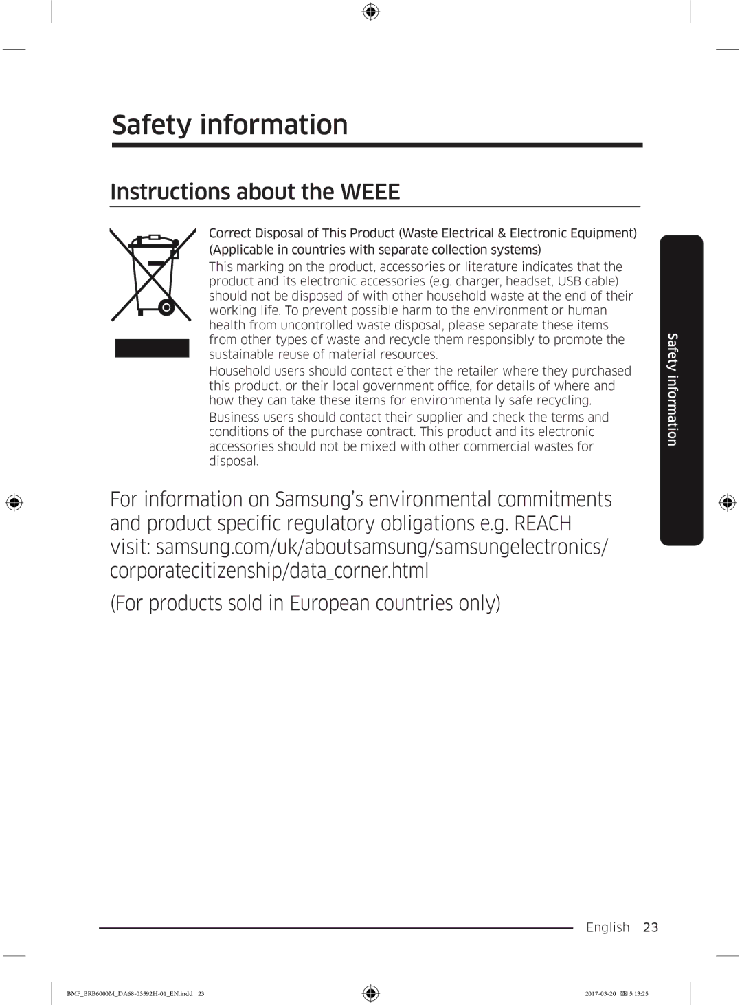 Samsung BRR19M010WW/EG, BRR19M011WW/EG, BRR12M001WW/EG, BRR12M000WW/EG manual Instructions about the Weee 