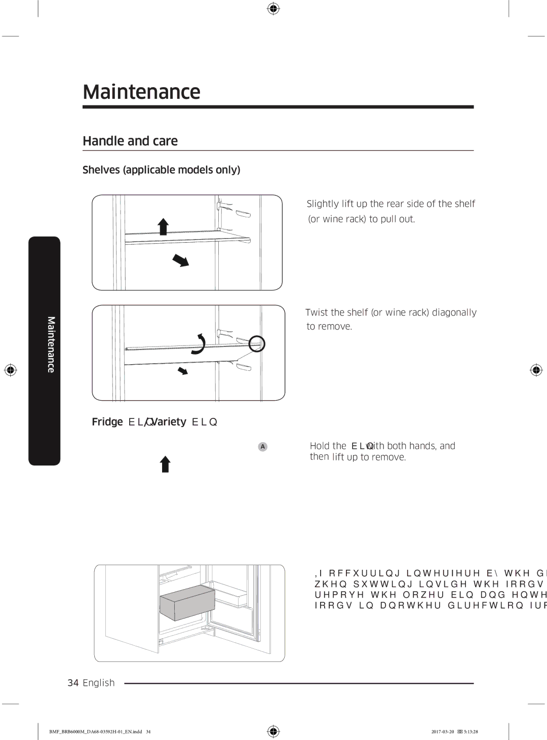 Samsung BRR12M000WW/EG, BRR19M010WW/EG manual Handle and care, Shelves applicable models only, Fridge ELQ / Variety ELQ 