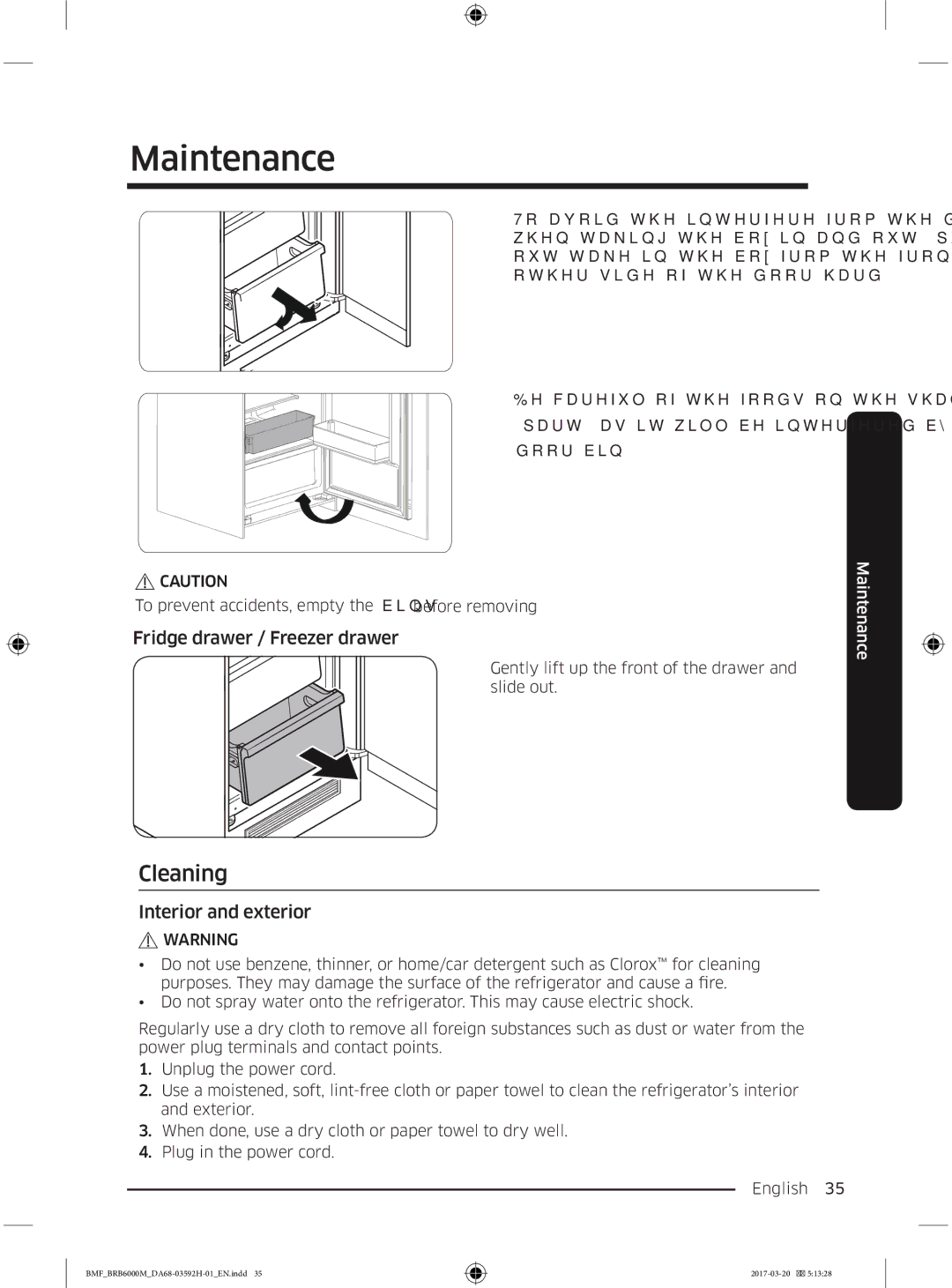 Samsung BRR19M010WW/EG, BRR19M011WW/EG, BRR12M001WW/EG manual Cleaning, Fridge drawer / Freezer drawer, Interior and exterior 