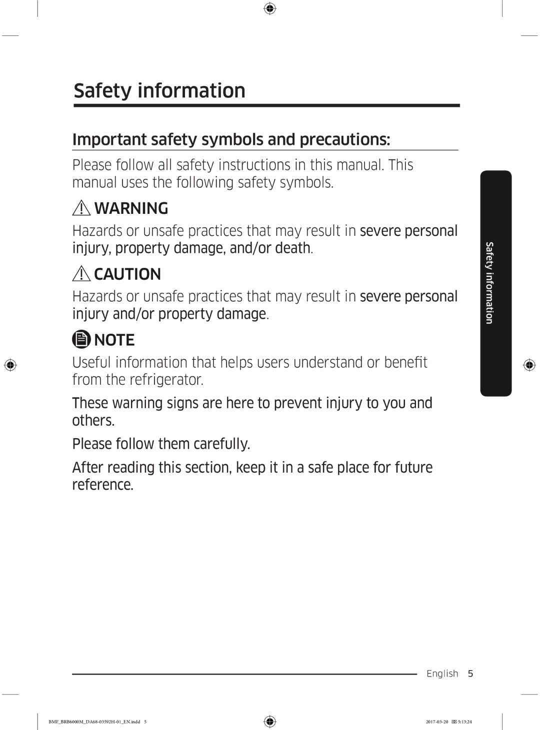 Samsung BRR12M001WW/EG, BRR19M010WW/EG, BRR19M011WW/EG, BRR12M000WW/EG manual Important safety symbols and precautions 