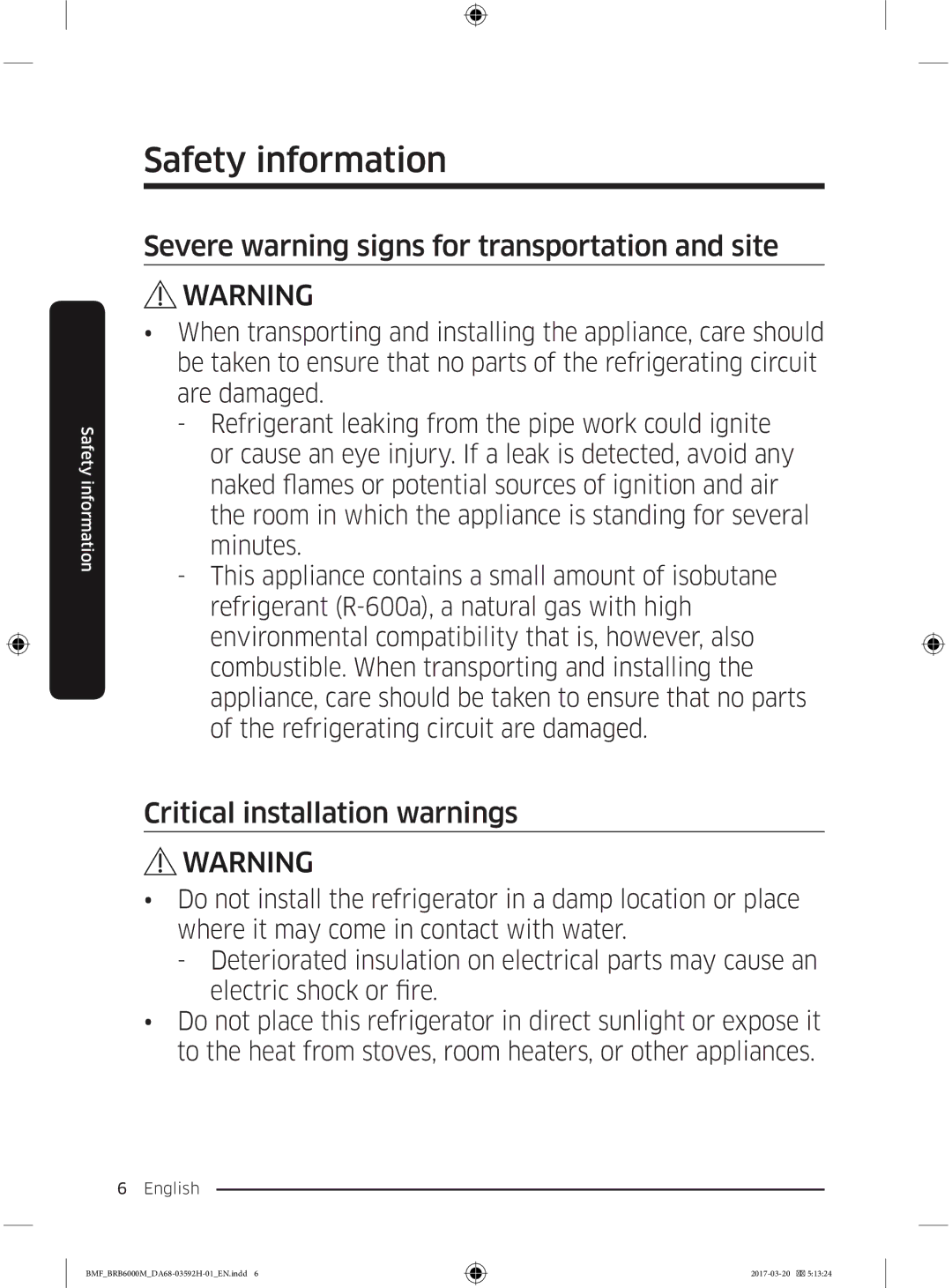 Samsung BRR12M000WW/EG, BRR19M010WW/EG, BRR19M011WW/EG, BRR12M001WW/EG manual Severe warning signs for transportation and site 