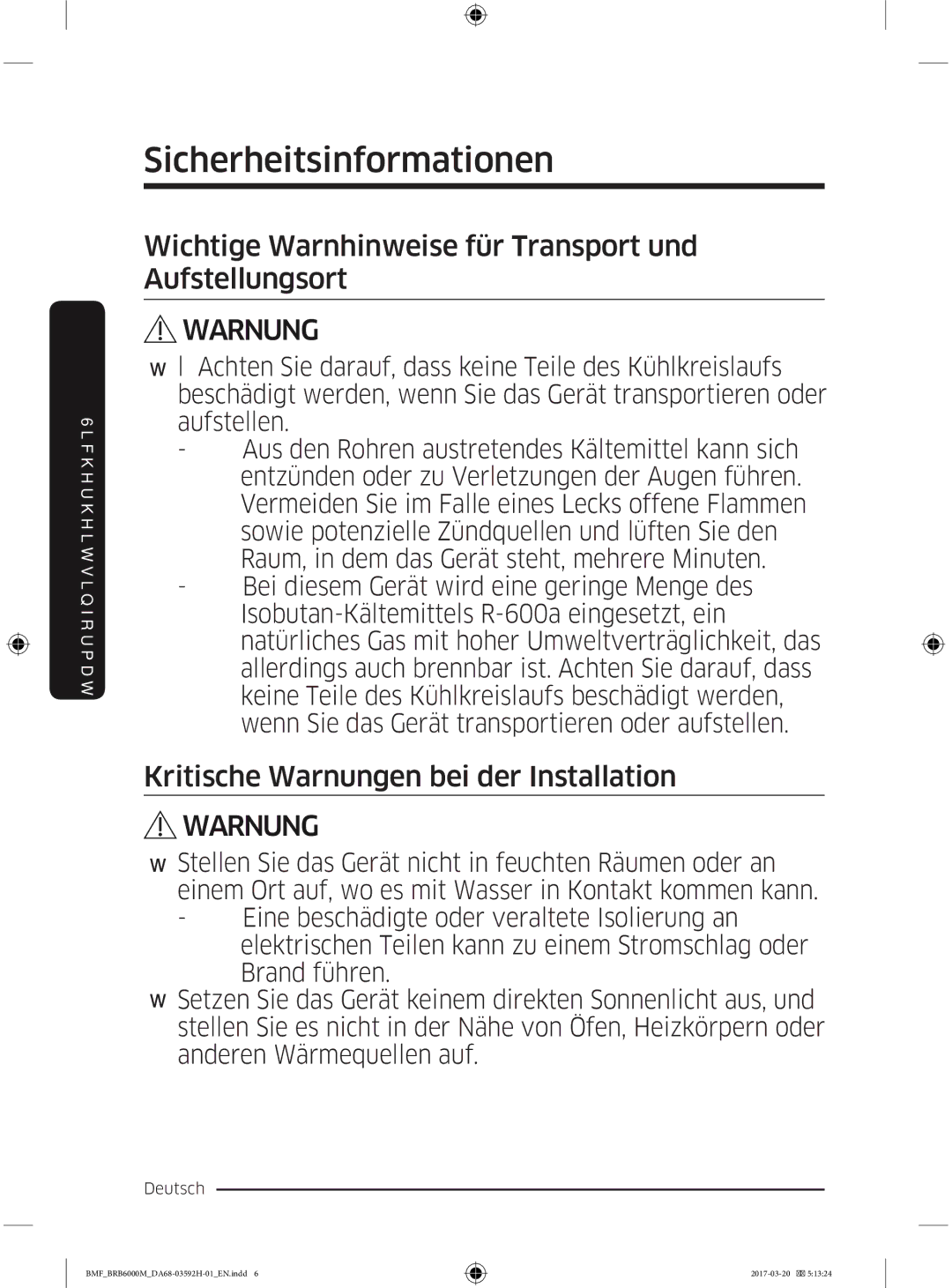 Samsung BRR19M011WW/EG, BRR19M010WW/EG, BRR12M001WW/EG manual Wichtige Warnhinweise für Transport und Aufstellungsort 