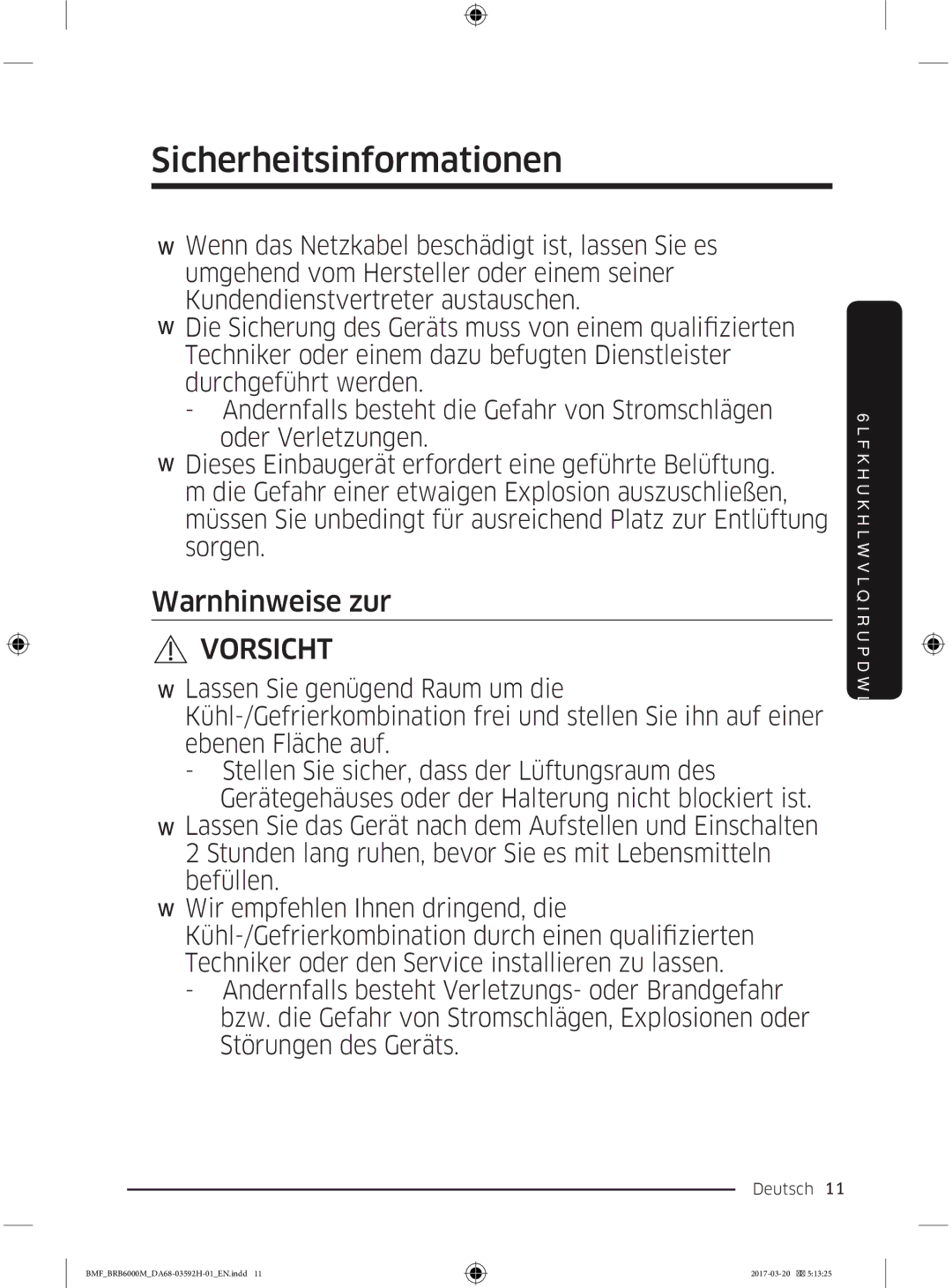 Samsung BRR12M001WW/EG, BRR19M010WW/EG, BRR19M011WW/EG, BRR12M000WW/EG manual Vorsicht 