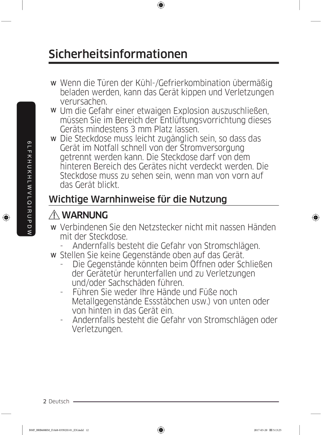 Samsung BRR12M000WW/EG, BRR19M010WW/EG, BRR19M011WW/EG, BRR12M001WW/EG manual Wichtige Warnhinweise für die Nutzung 