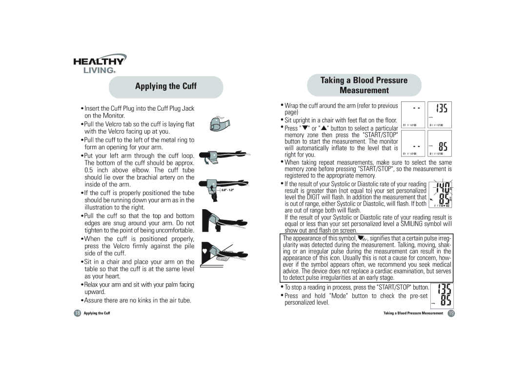 Samsung BSP-4007 owner manual Applying the Cuff, Taking a Blood Pressure Measurement, Inside of the arm 