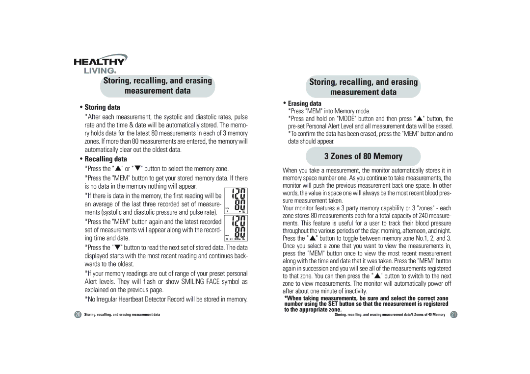 Samsung BSP-4007 Storing, recalling, and erasing Measurement data, Zones of 80 Memory, Storing data, Recalling data 