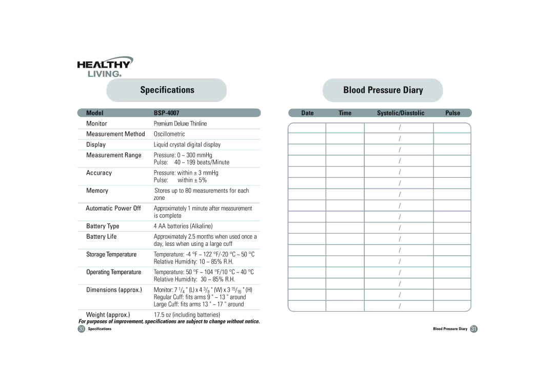 Samsung BSP-4007 owner manual Specifications, Blood Pressure Diary 