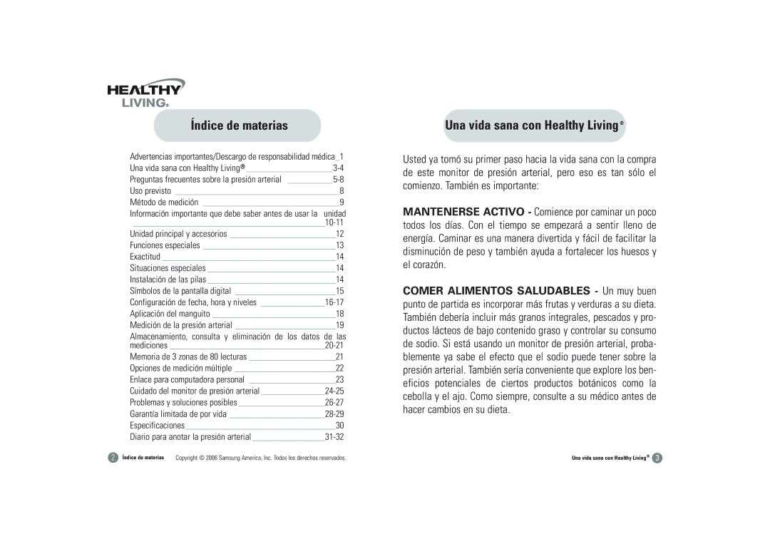 Samsung BSP-4007 owner manual Índice de materias, Una vida sana con Healthy Living 